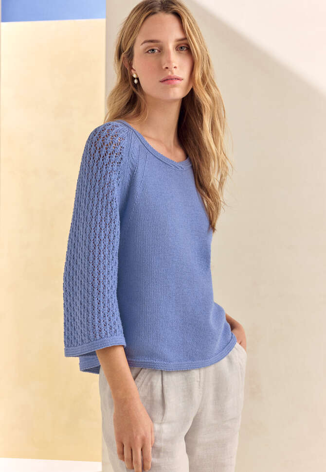 Lace-stitch-sleeve sweater, Purple cornflower, completeTheLook
