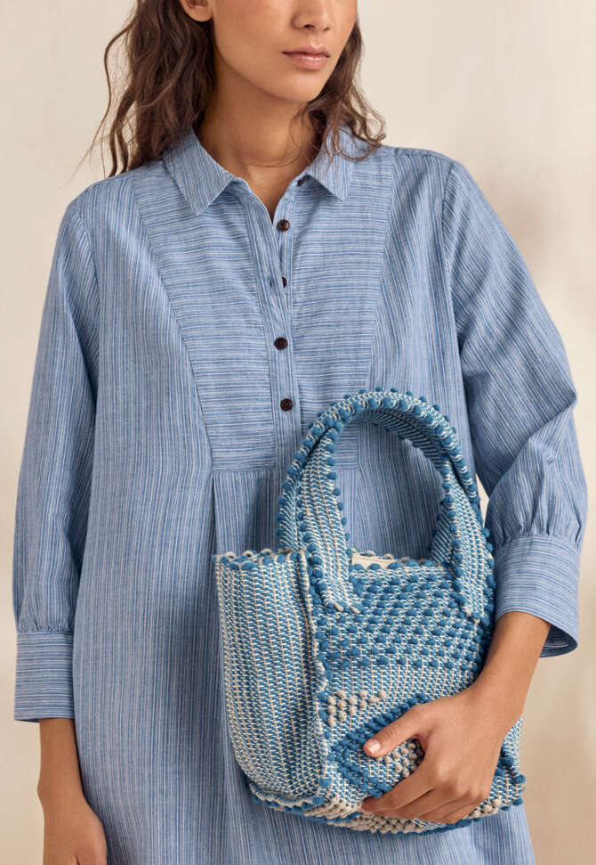 Knotted bag, Denim blue and cream, completeTheLook