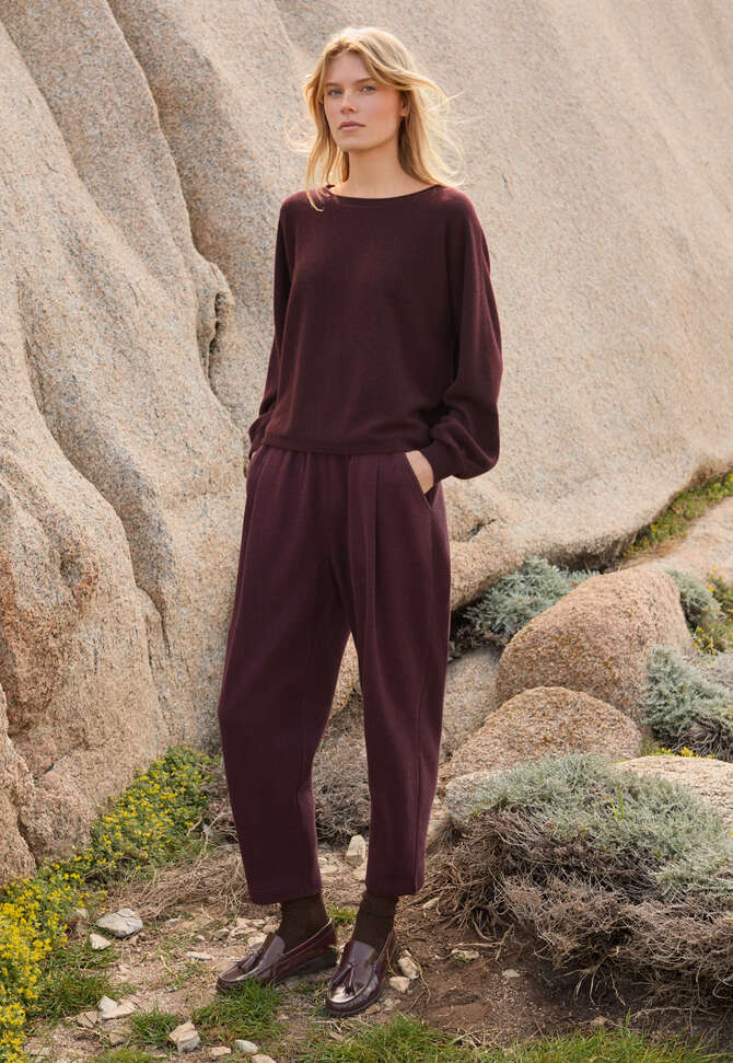 Dolman pleated-sleeve sweater, Blackberry, completeTheLook