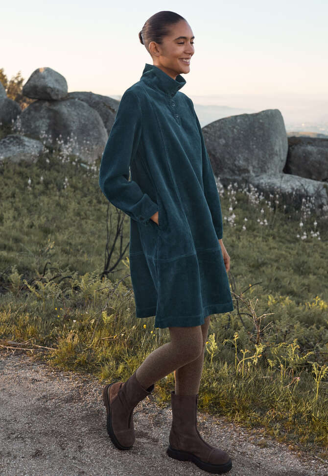 Cord funnel-neck dress, Green petrol, completeTheLook