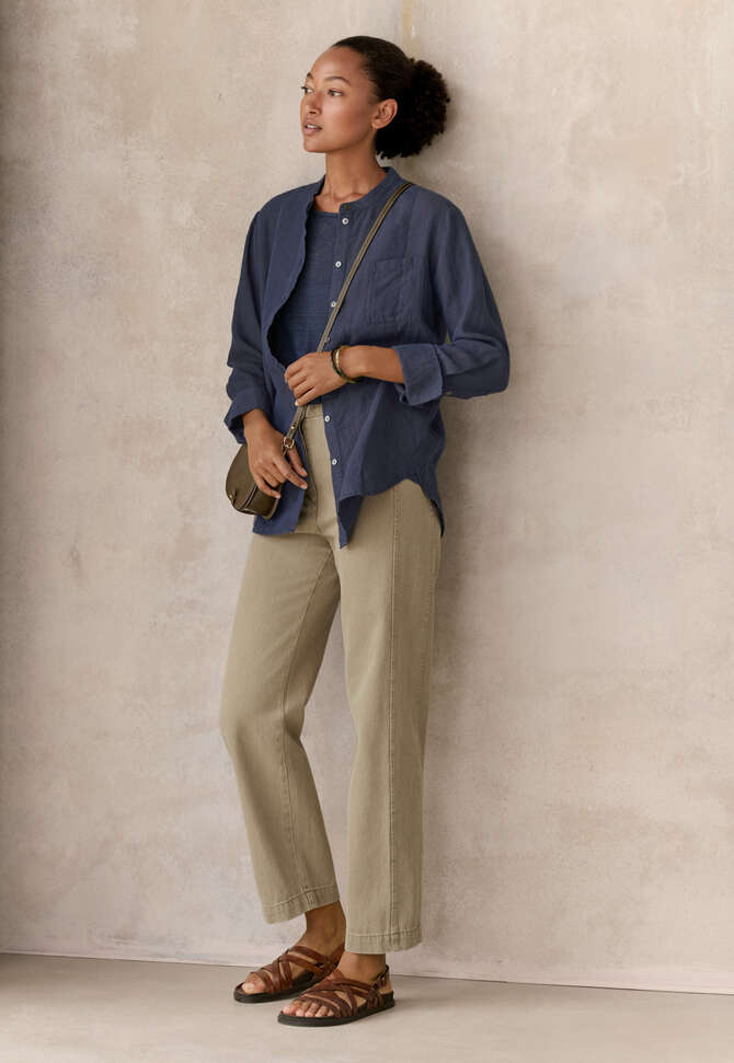 Long bib-detail shirt, Blue brown, completeTheLook