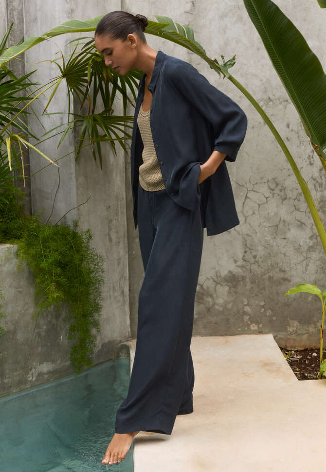 Wide-leg drawstring trousers, Blue black, completeTheLook