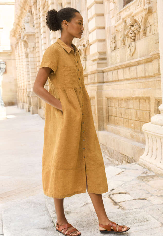 Gathered-waist dress, Ochre honey, completeTheLook