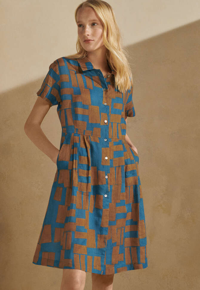 Printed cap-sleeve dress, Rust teal, completeTheLook