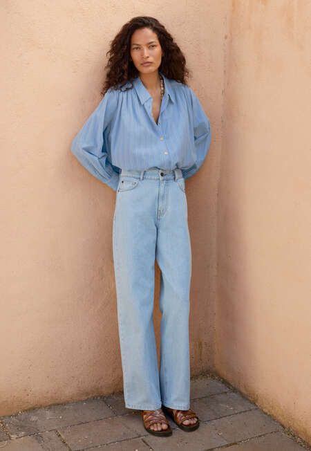 Striped blouse with gathers, Cornflower, completeTheLook