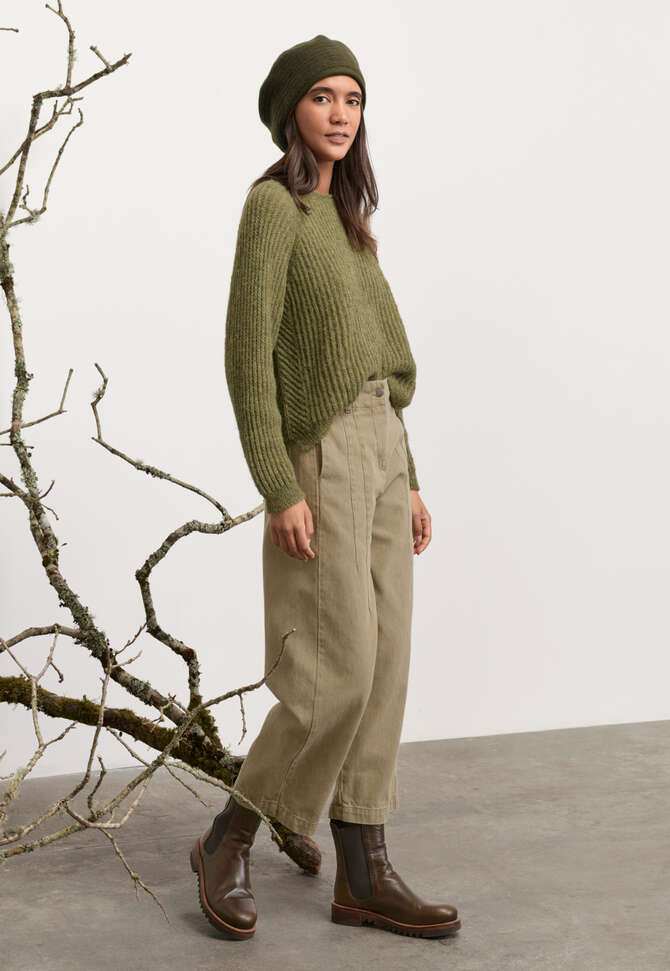 Round-neck ribbed sweater, Olive green, completeTheLook