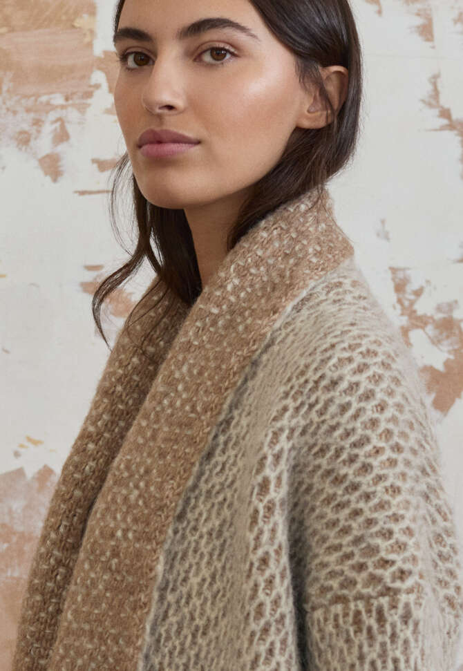 Shawl cardigan, Grey camel, completeTheLook