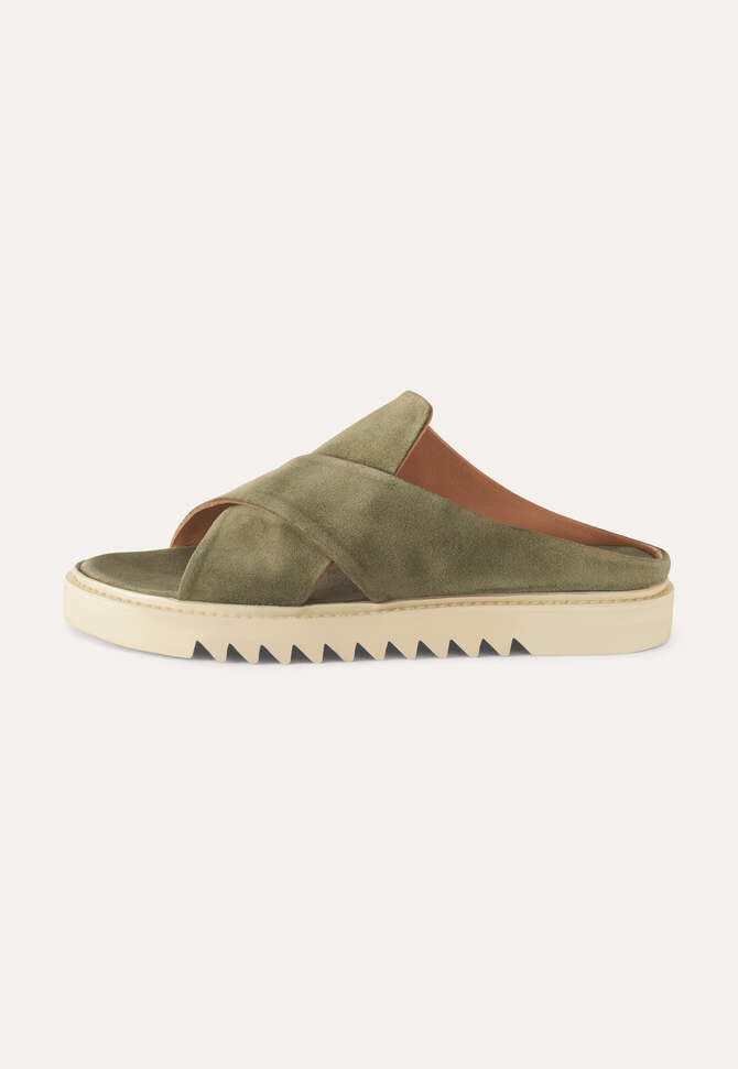 Cross-front sandals, Olive suede, completeTheLook