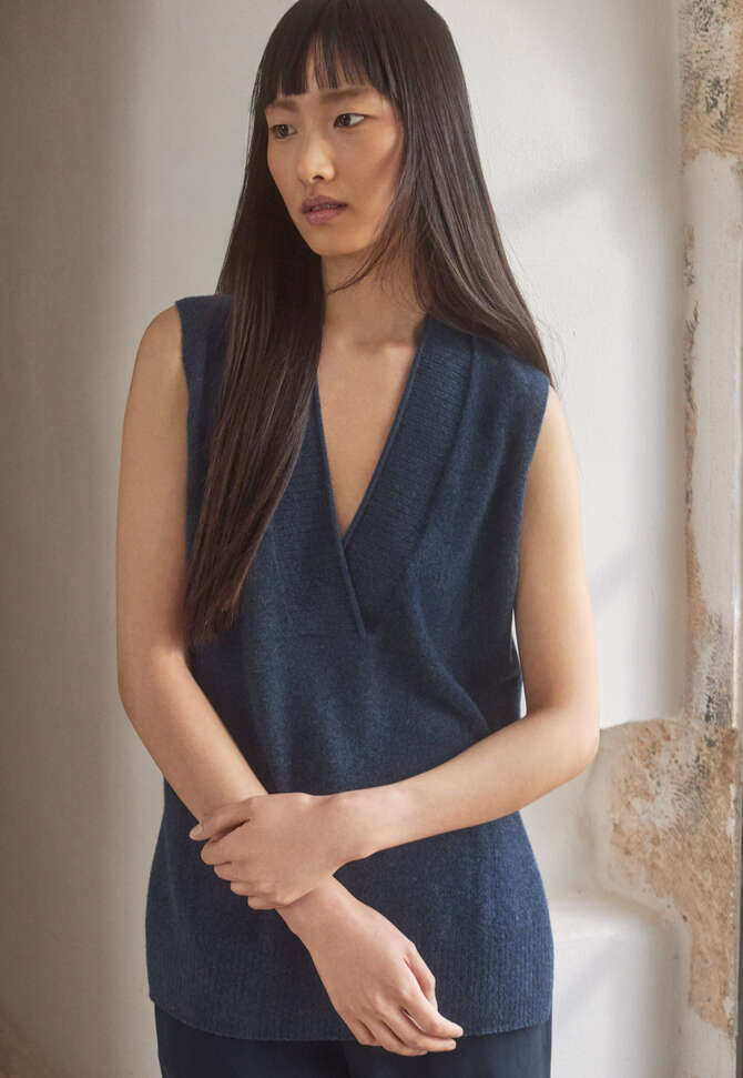 Sleeveless v-neck sweater, Petrol blue, completeTheLook