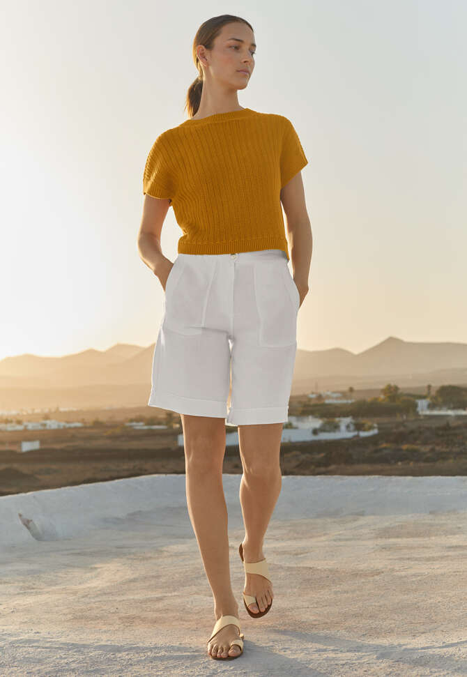Crochet-stitch sweater, Mustard, completeTheLook