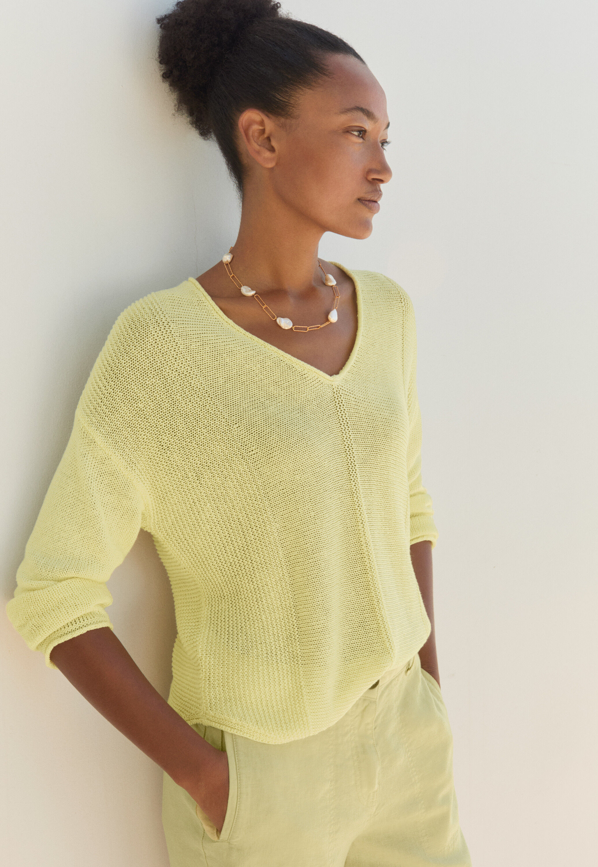 V-neck ribbed panel sweater, Sherbet, large