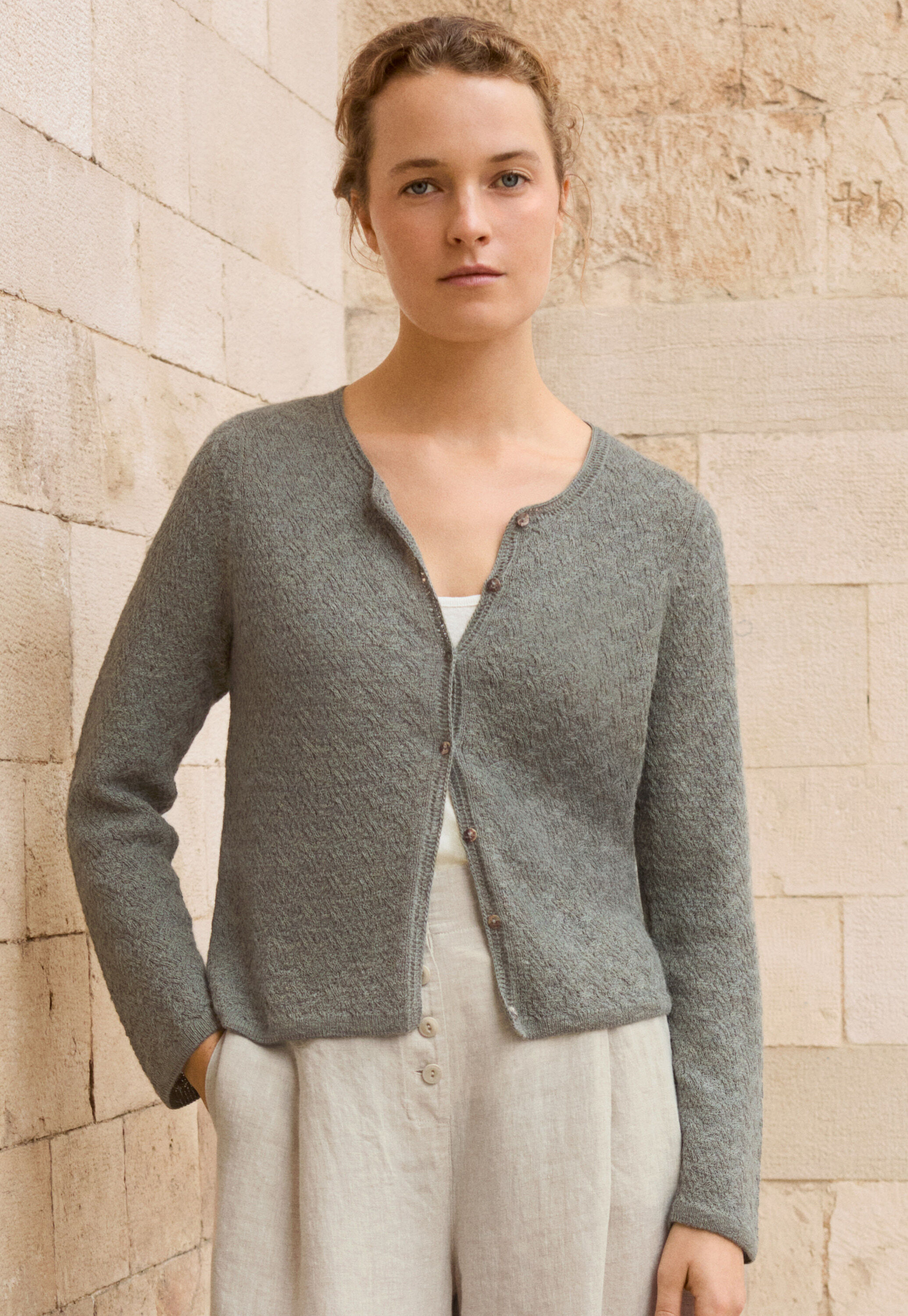 Cable-stitch cardigan, Khaki, large