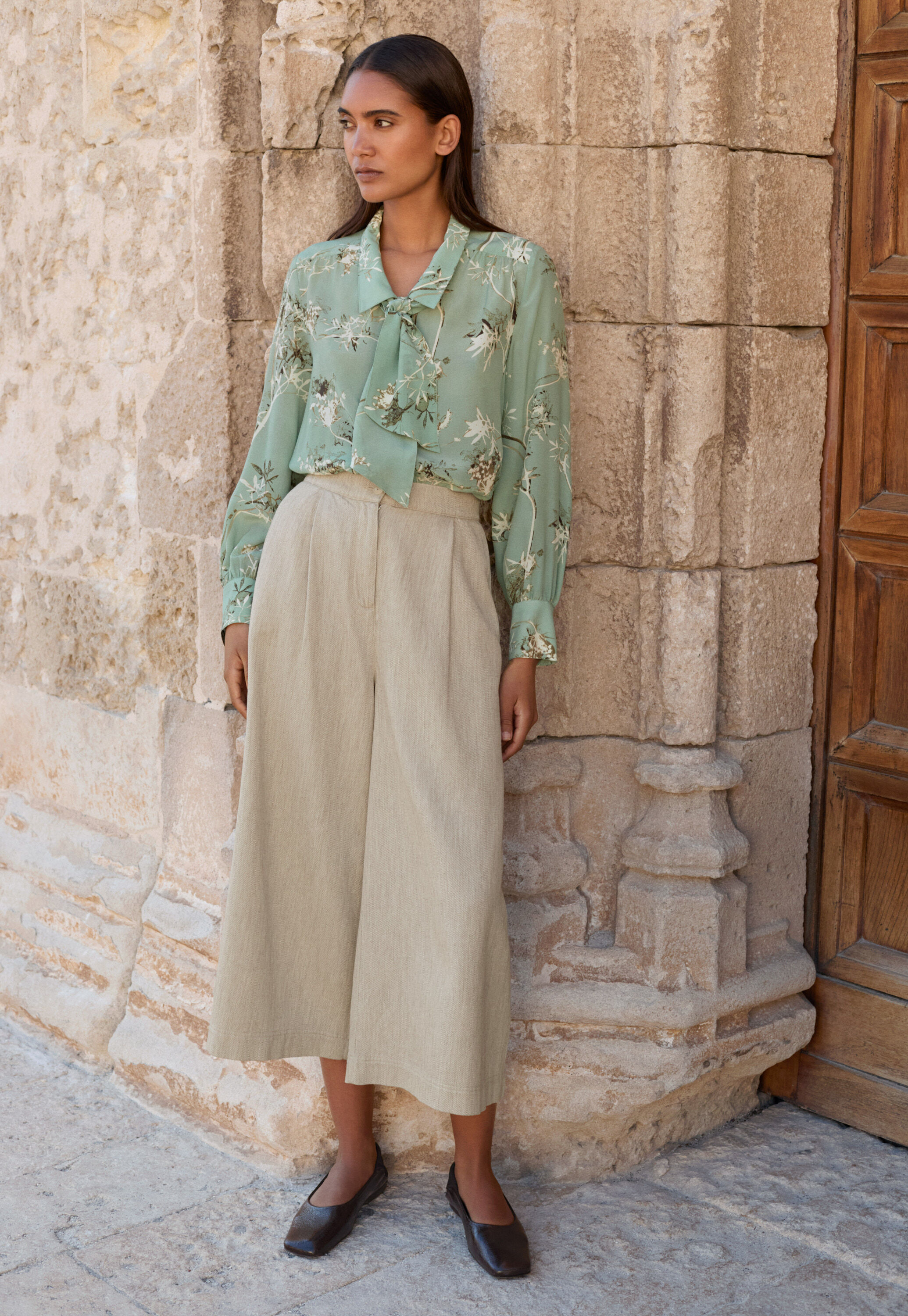 Printed tie-blouse, Aqua, large