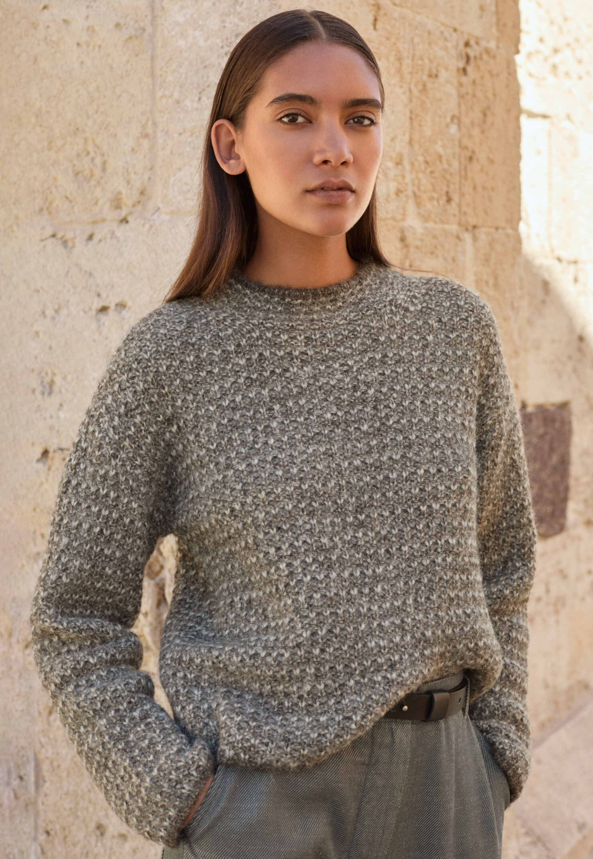 Stitch-detail sweater, Grey brown, large