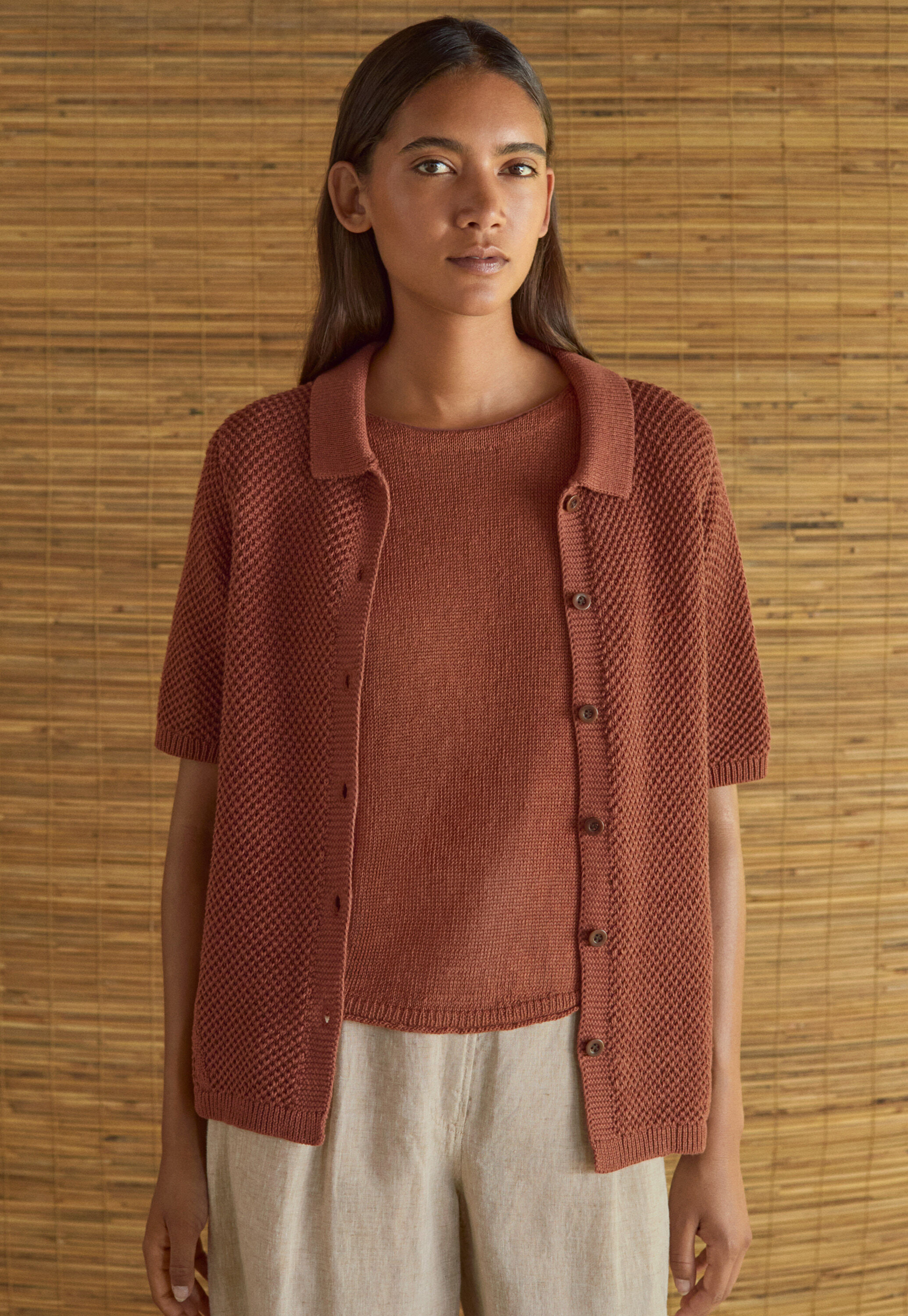 Moss-stitch collared cardigan