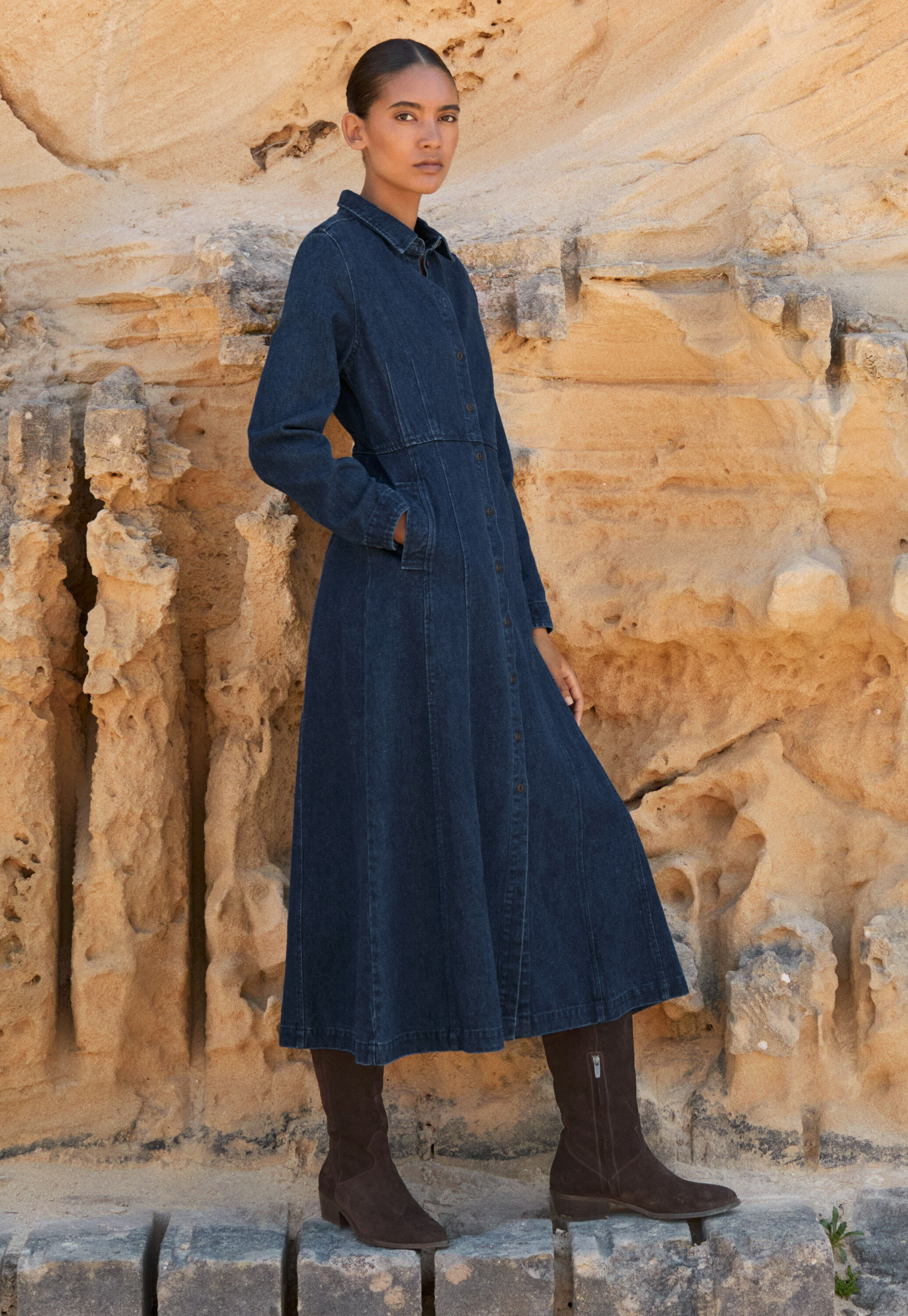 Indigo-dyed panelled dress, Dark denim, large