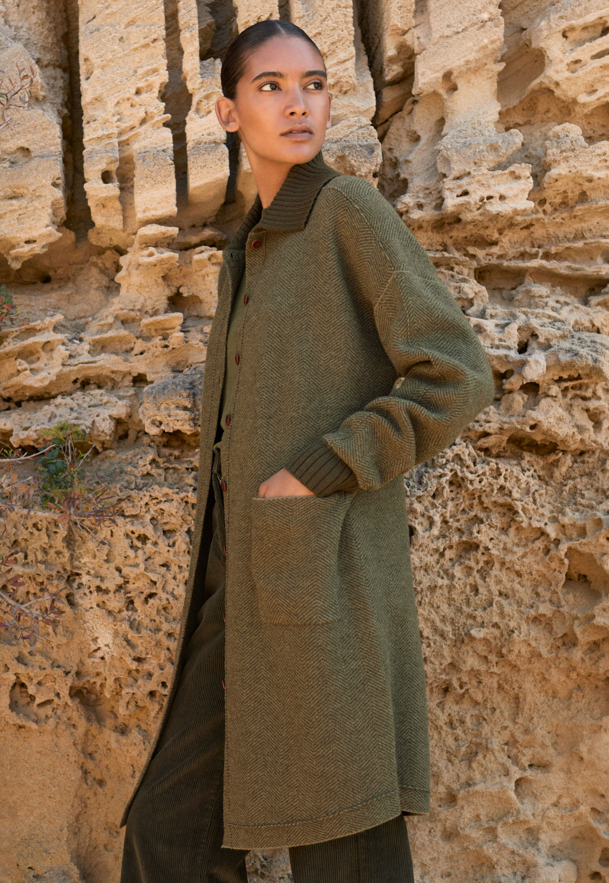 Herringbone coatigan, Khaki, large