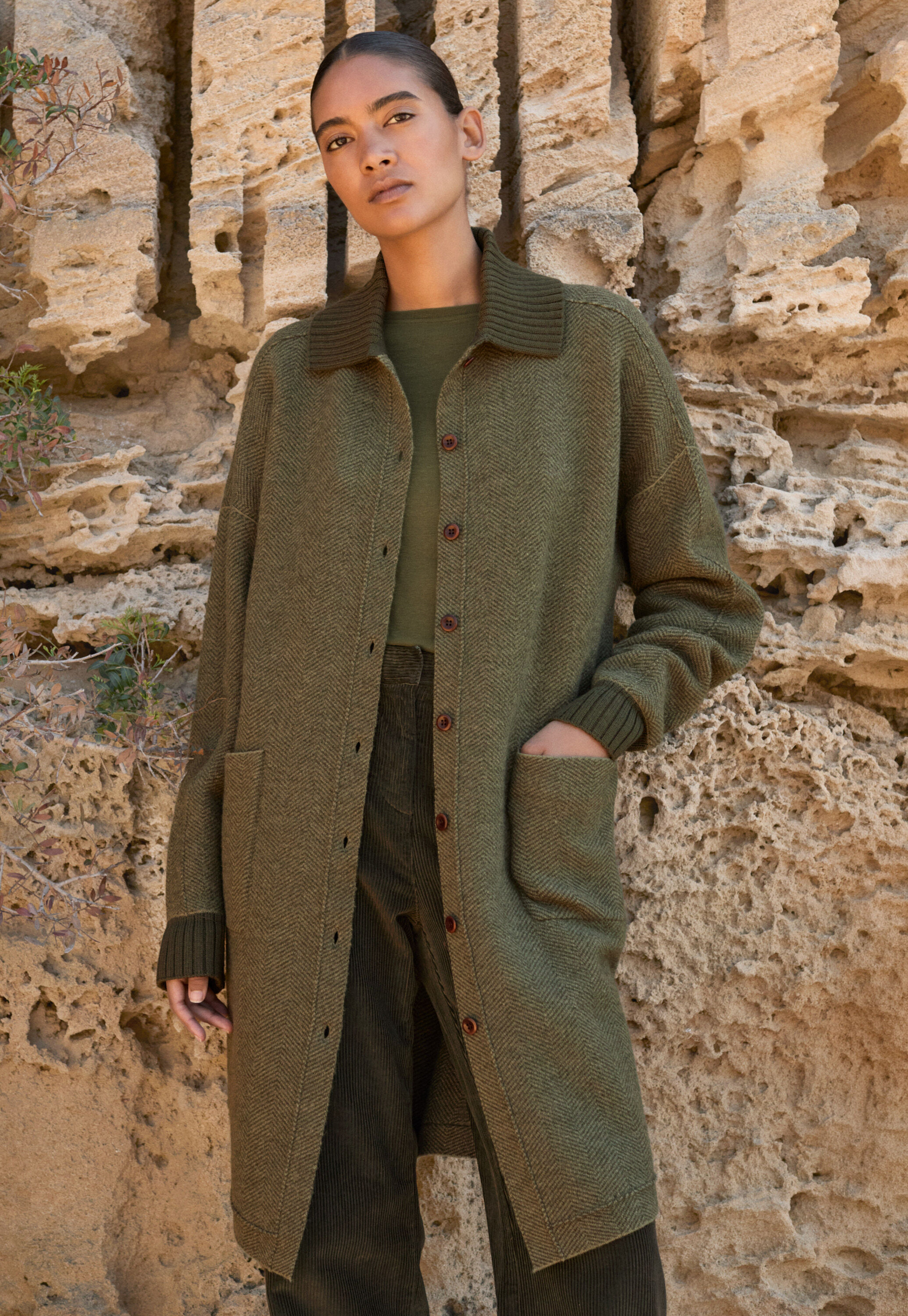 Herringbone coatigan, Khaki, large