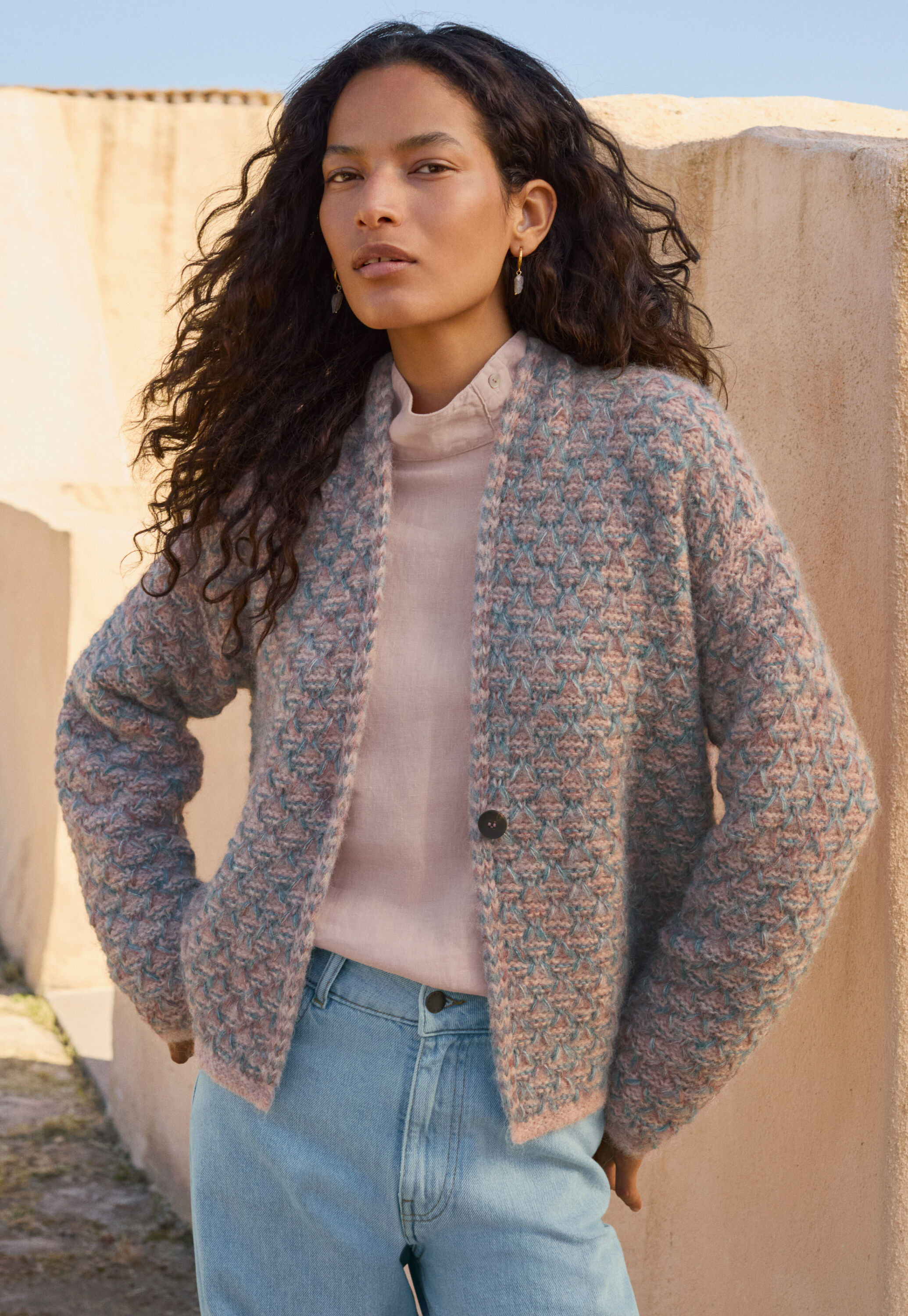 Slip-stitch cardigan, Rose teal, large