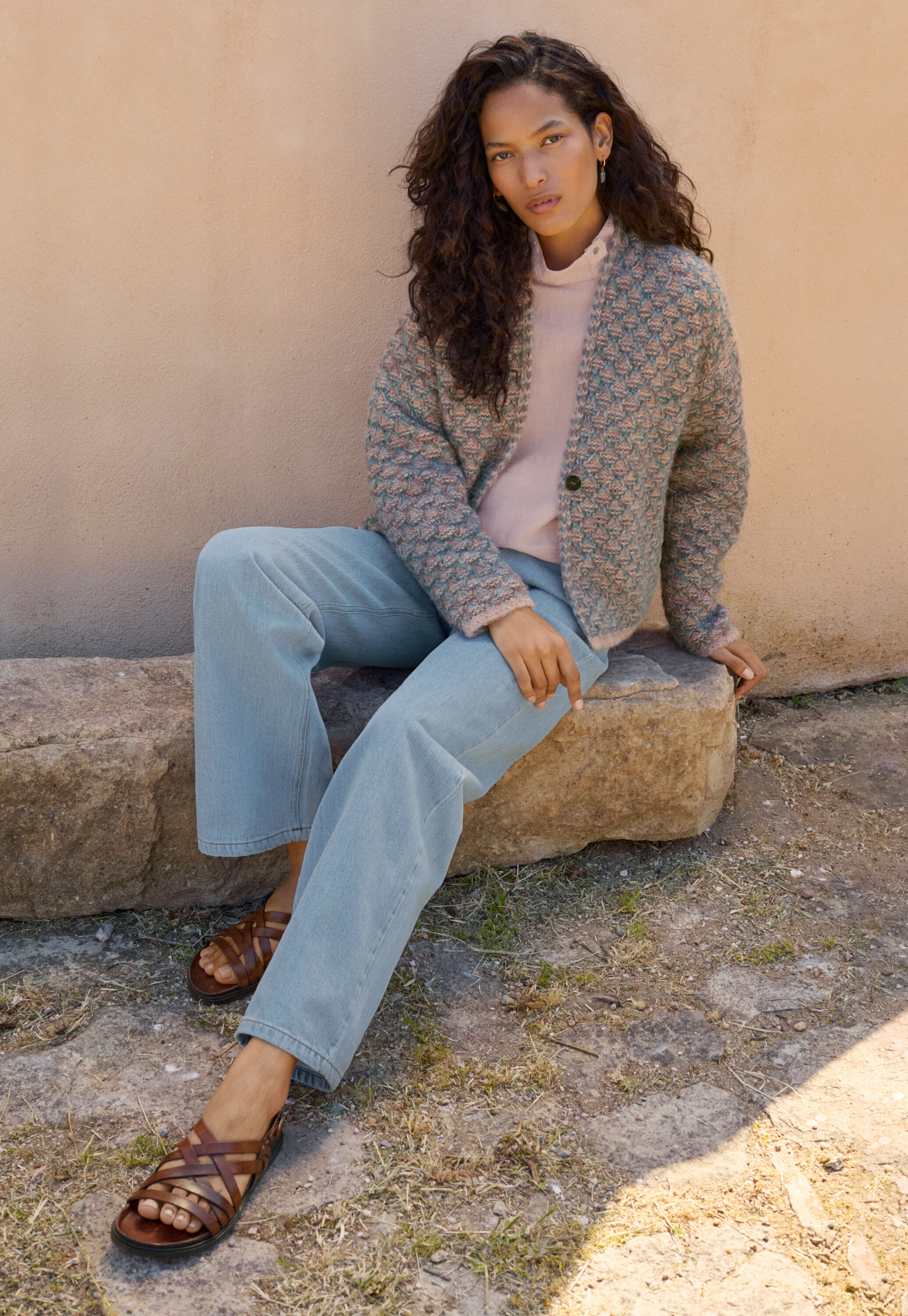 Slip-stitch cardigan, Rose teal, large