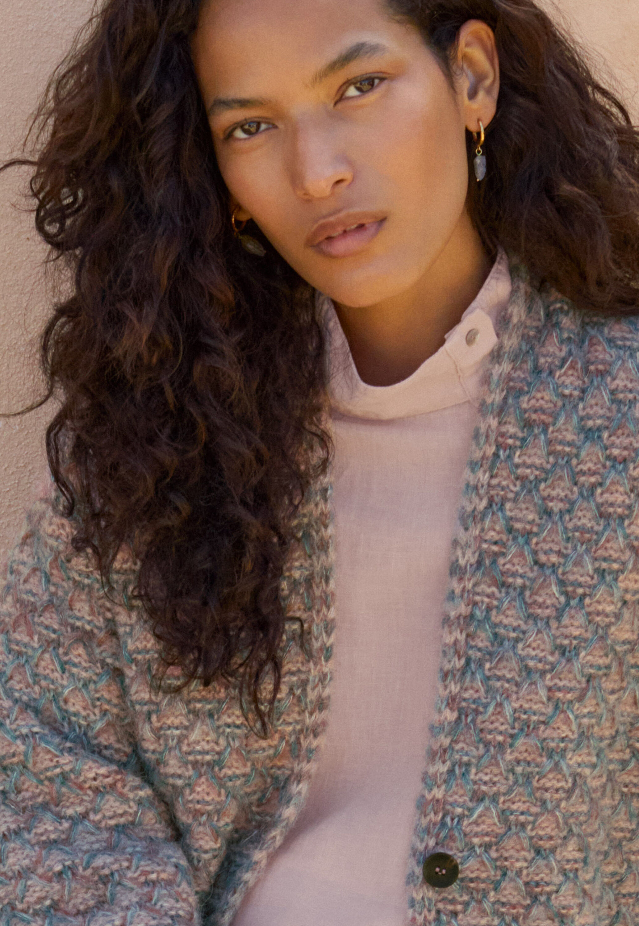 Slip-stitch cardigan, Rose teal, large
