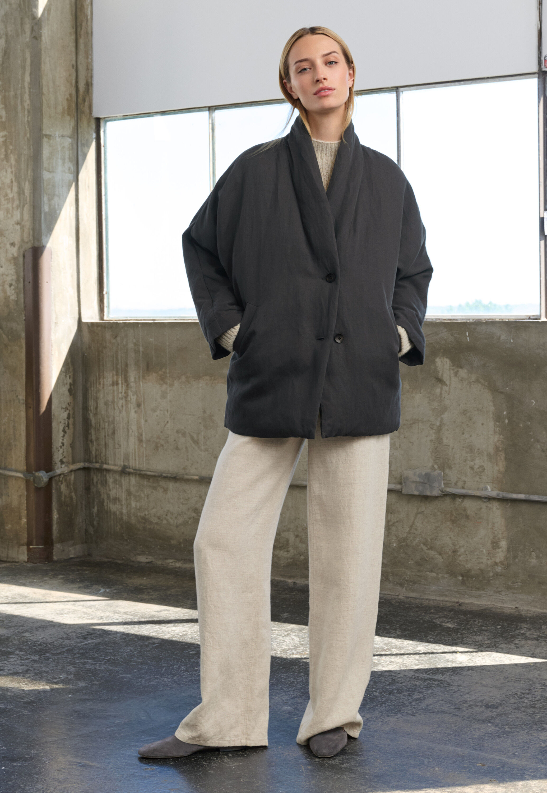 Shawl collar padded coat, Charcoal, large