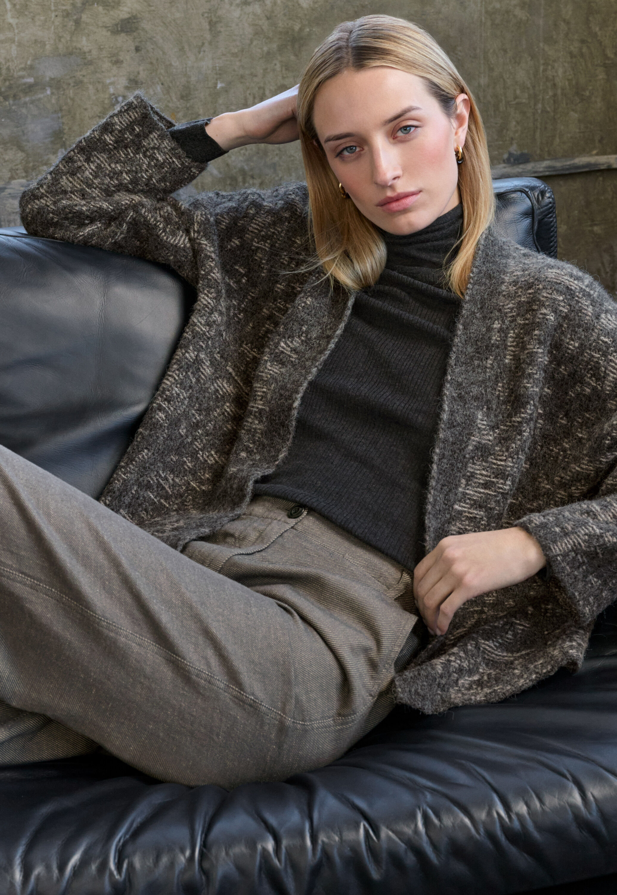 Lace-stitch kimono cardigan, Charcoal stone, large