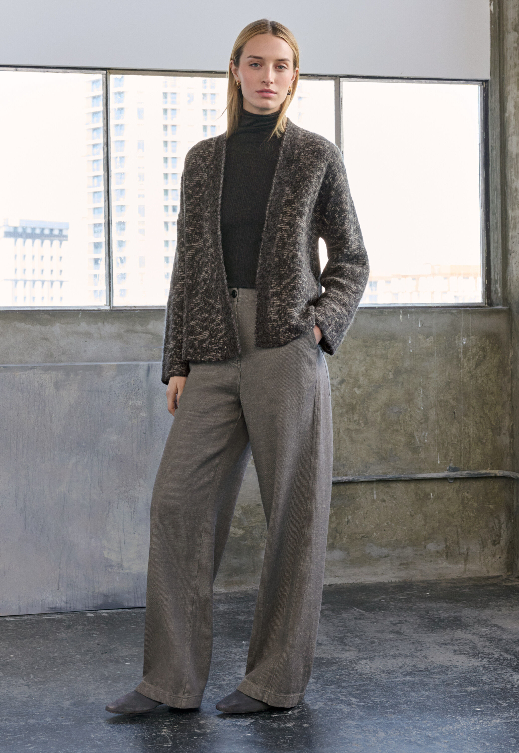 Lace-stitch kimono cardigan, Charcoal stone, large