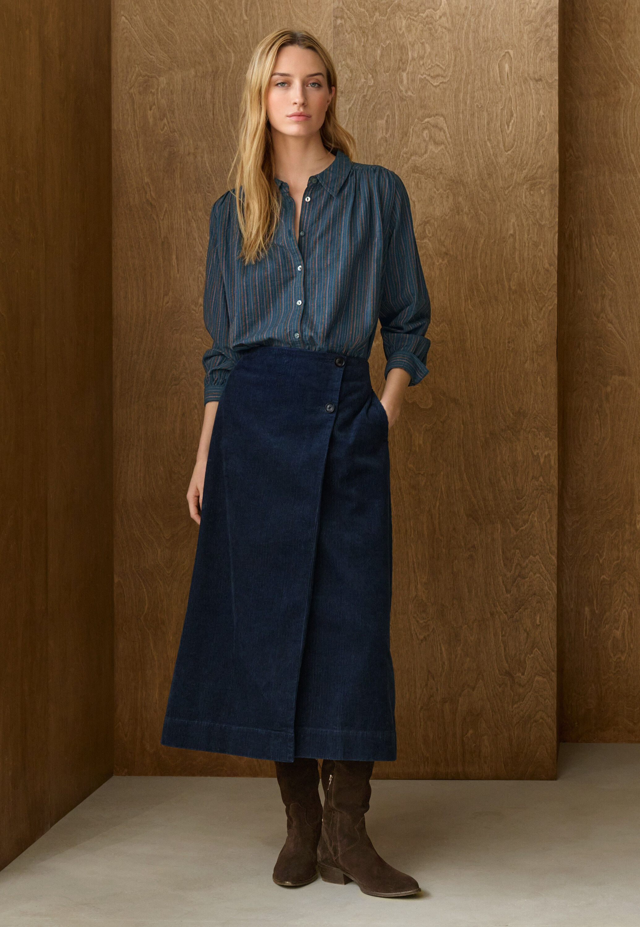 Striped blouse with gathers, Petrol, large