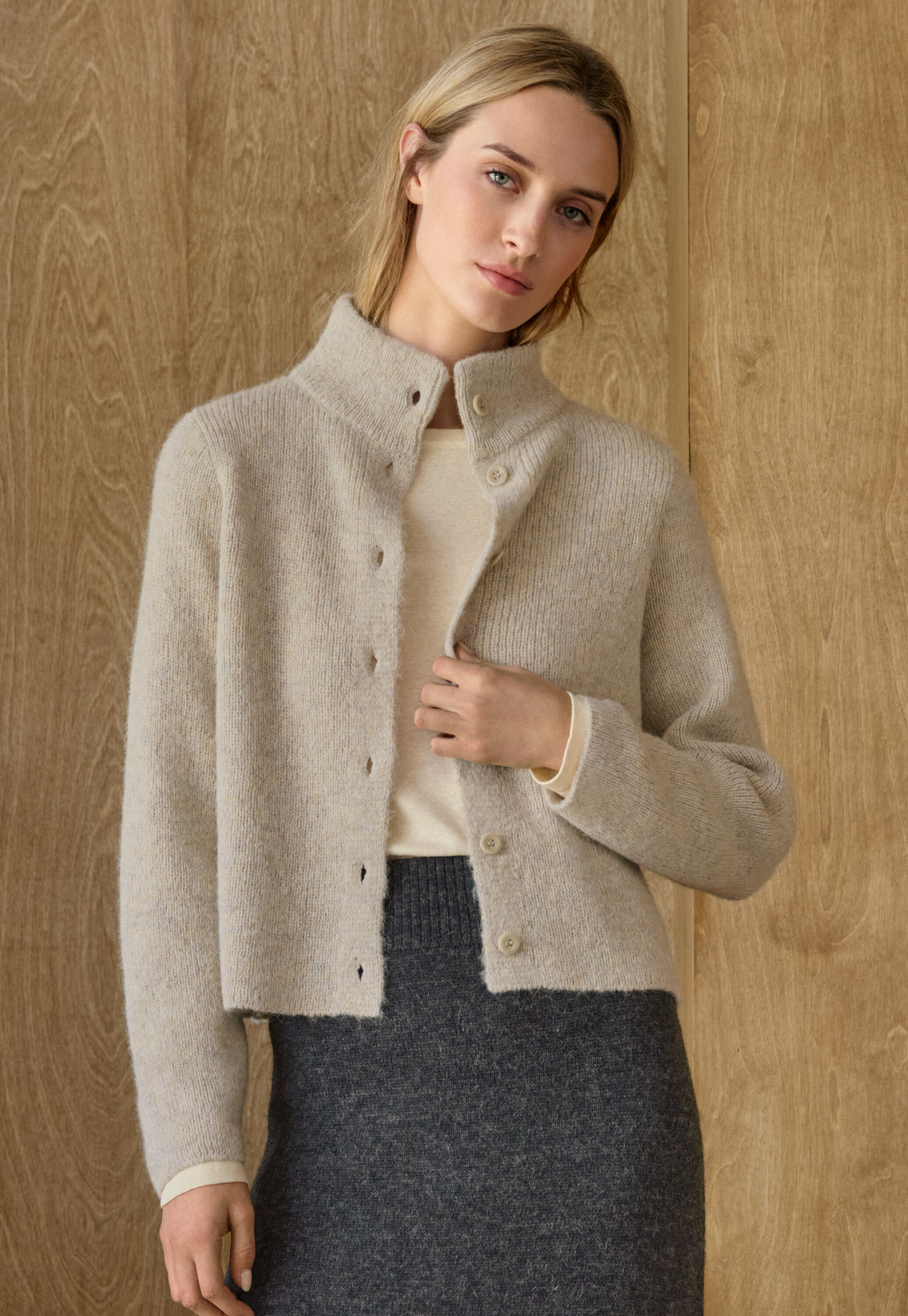 Basket-stitch cardigan, Natural stone, large