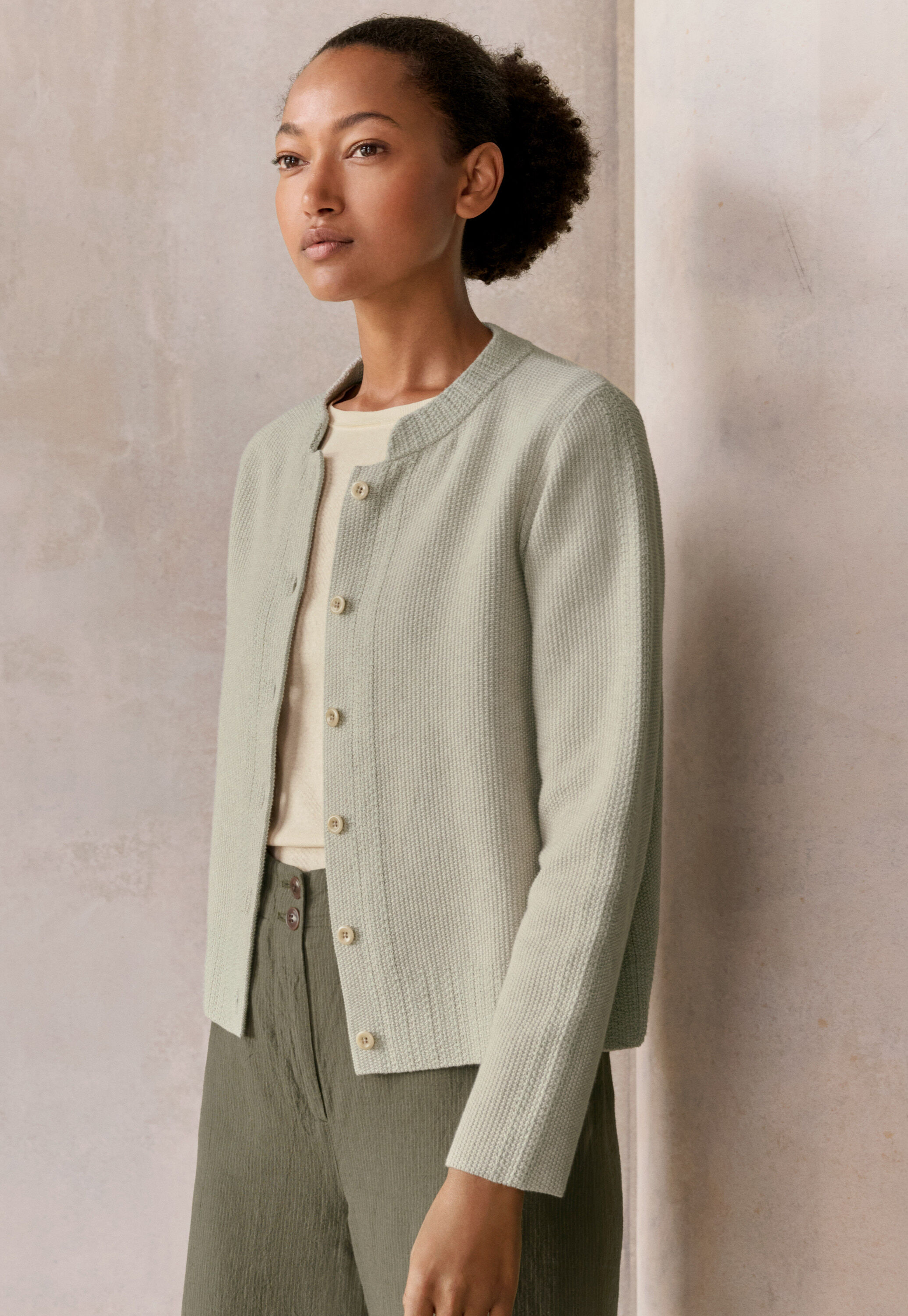 Inlay-stitch cardigan, Sage pebble, large