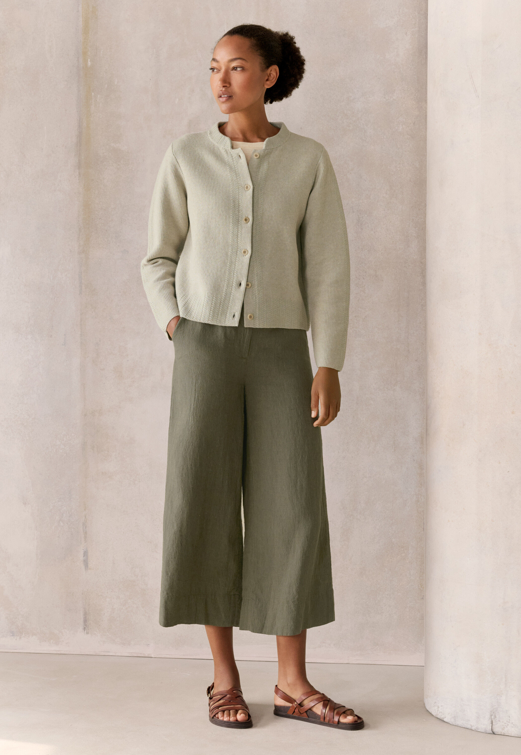 Inlay-stitch cardigan, Sage pebble, large