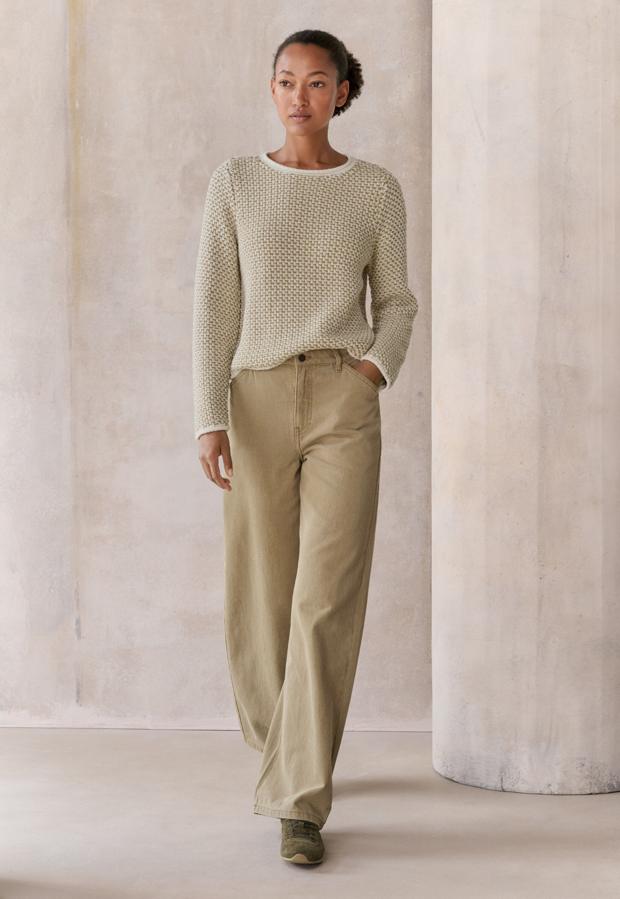 Inlay-stitch boxy sweater, Cream sage, large