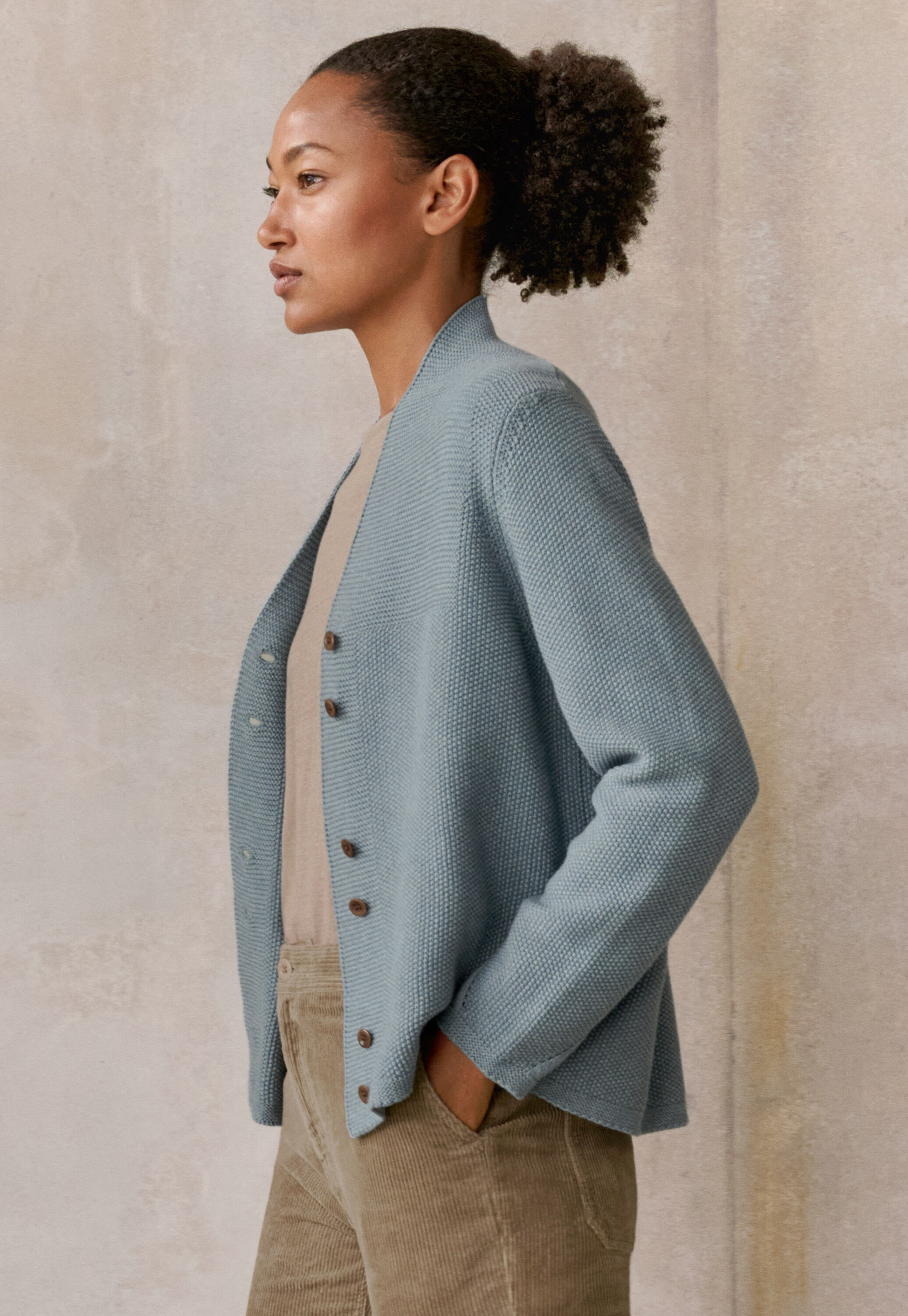 Button-front cardigan, Aqua denim, large