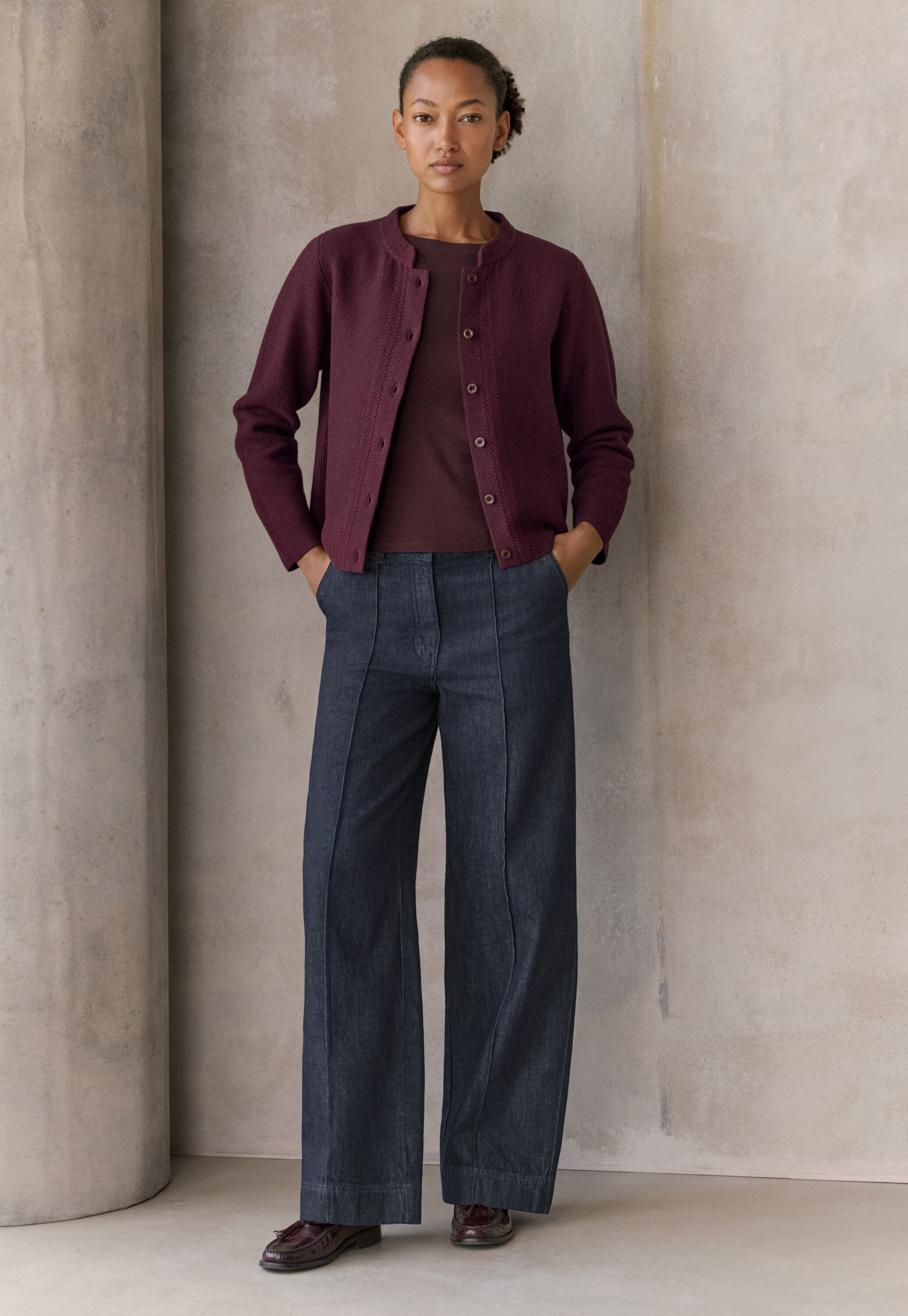 Inlay-stitch cardigan, Blackberry, large