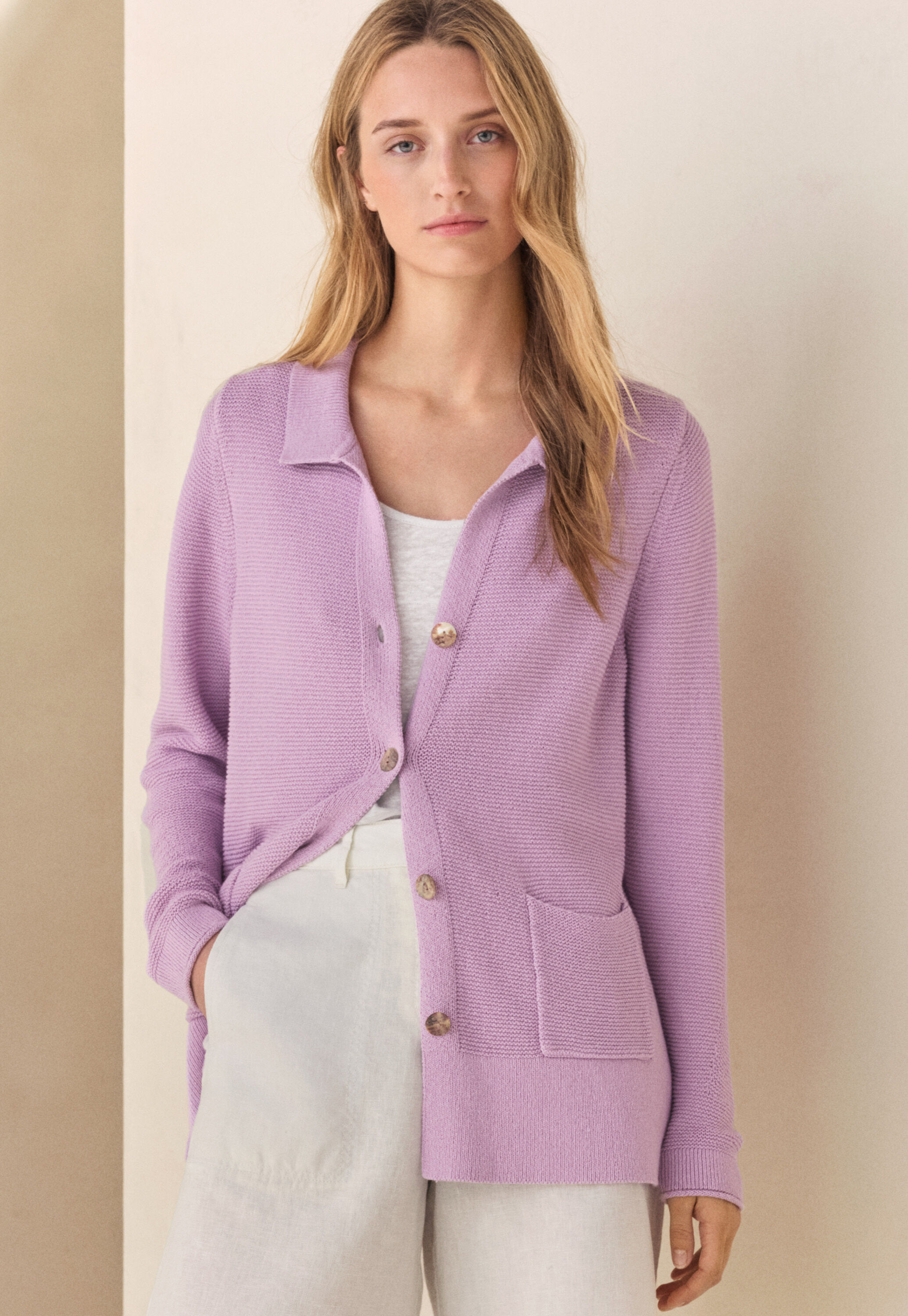 Collared knitted jacket, Lilac pink, large