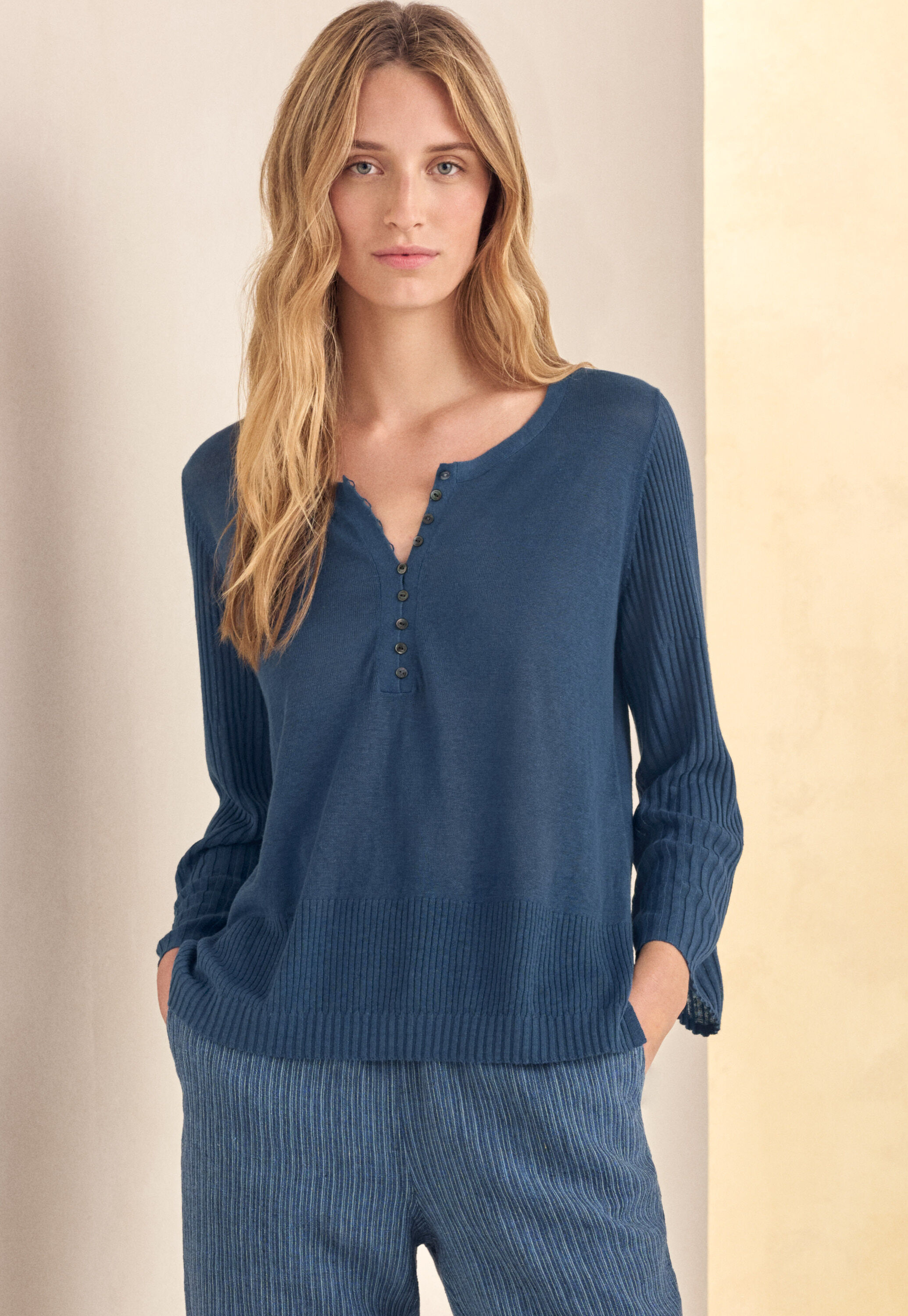 Ribbed-sleeve sweater, Petrol, large