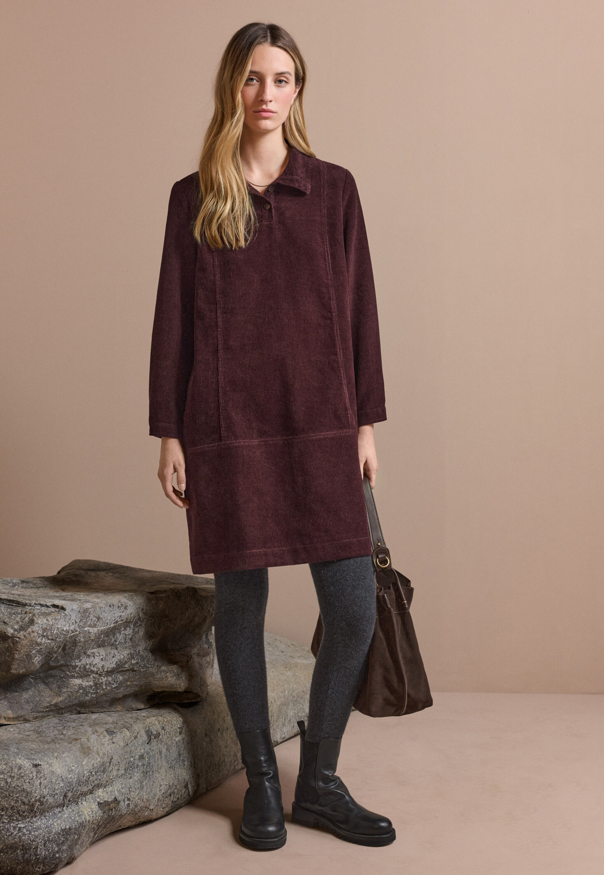 Cord funnel-neck dress