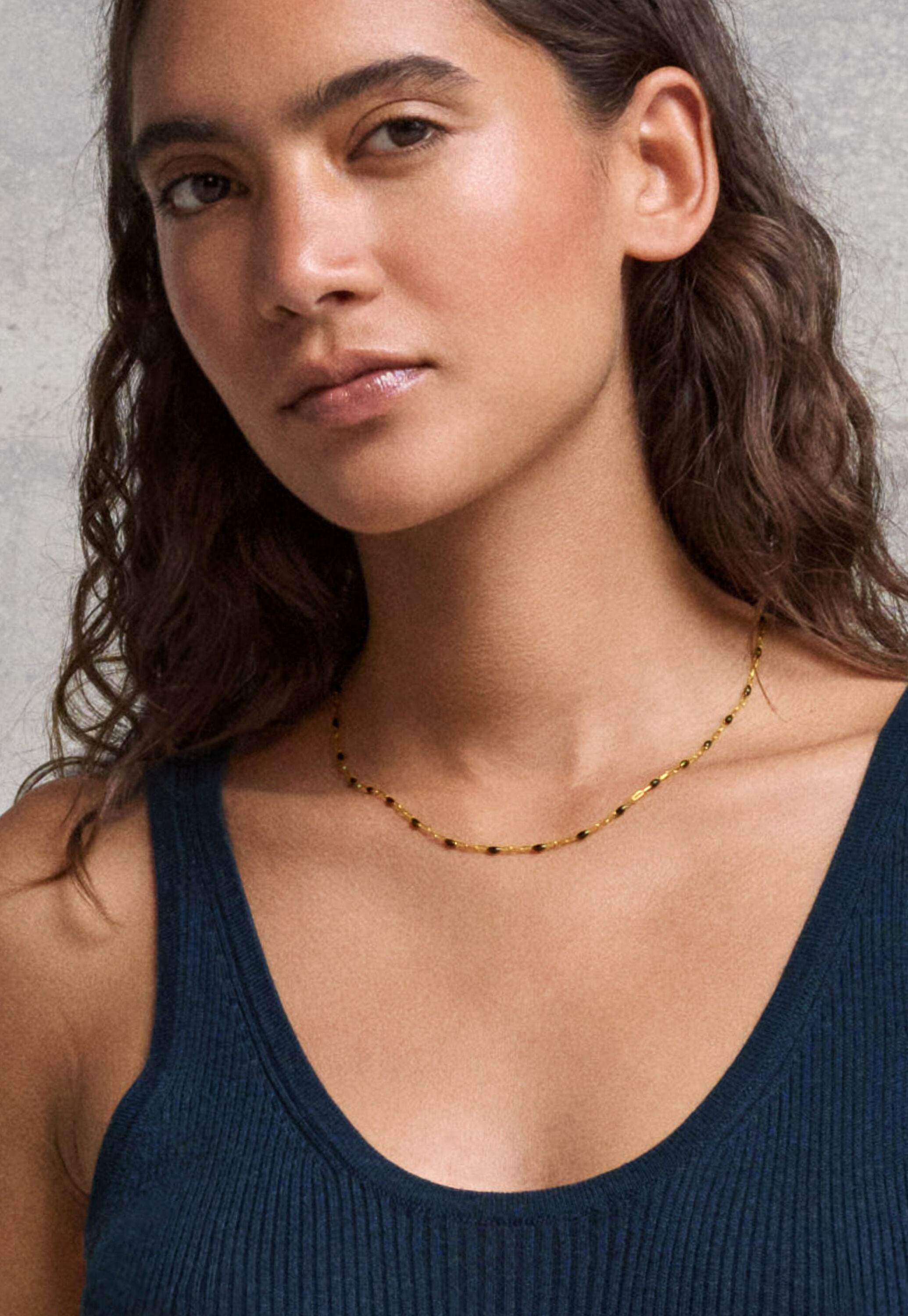Chain and beaded necklace, Black enamel & gold, large