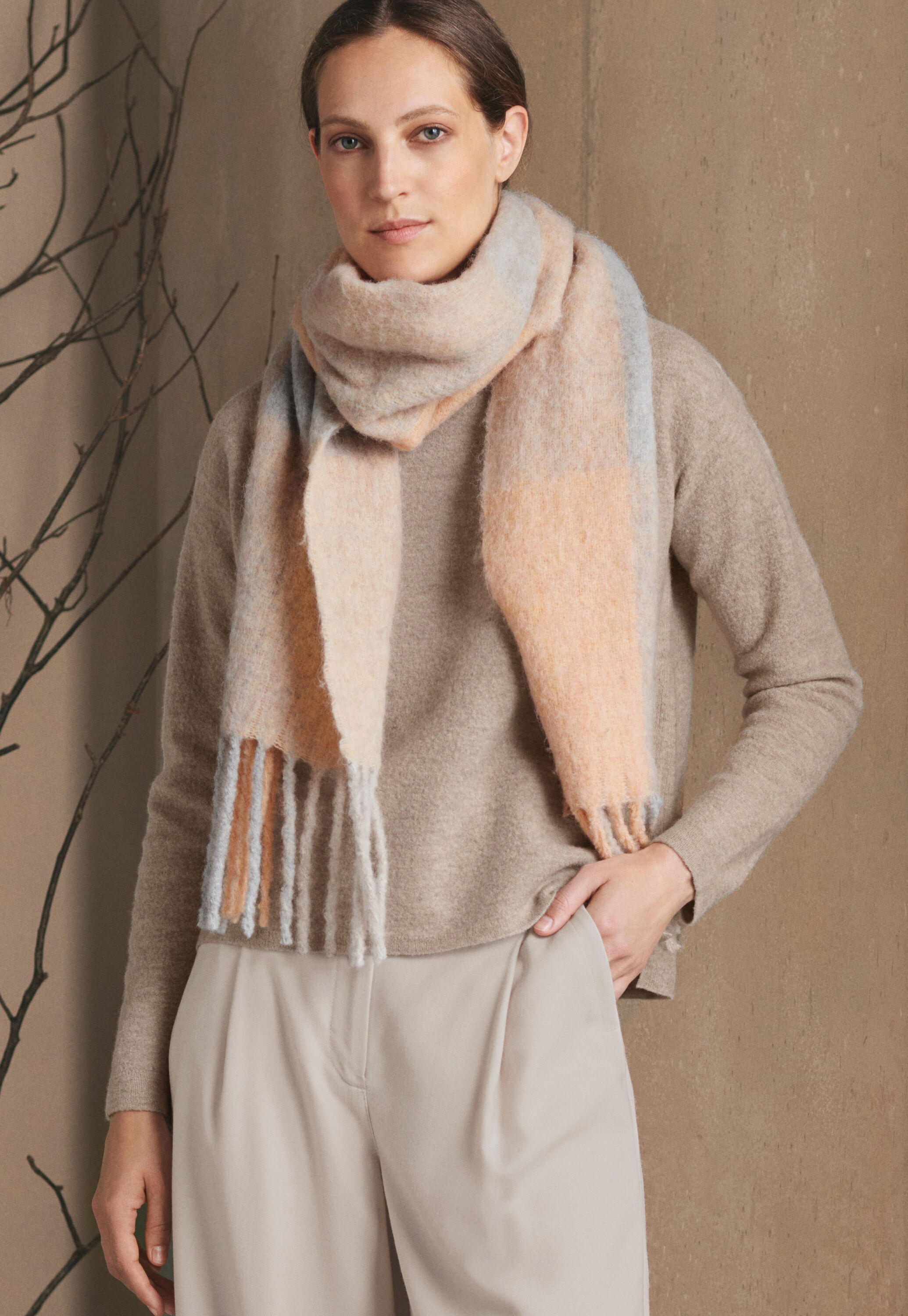 Check scarf, Grey peach, large