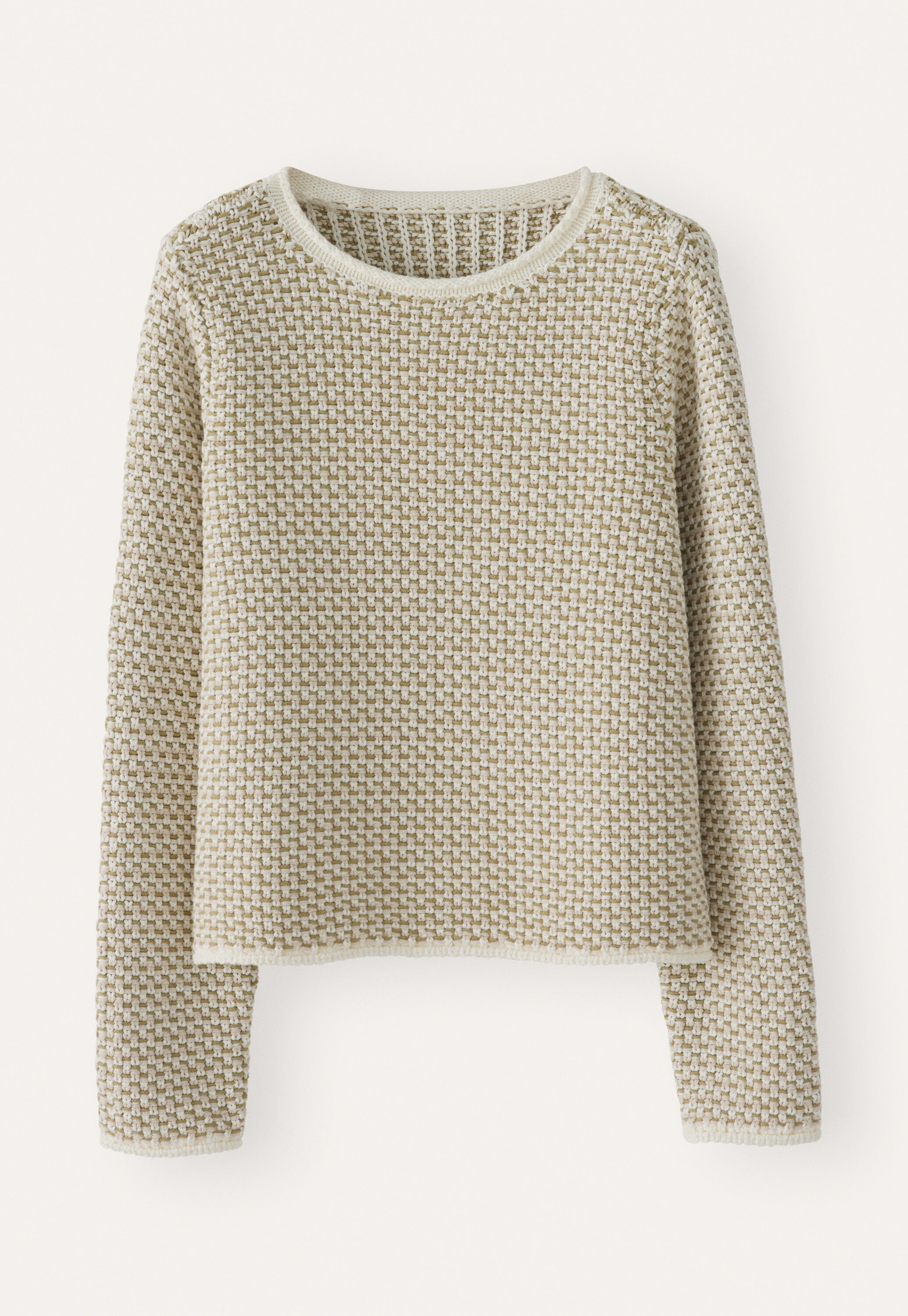 Inlay-stitch boxy sweater, Cream sage, large