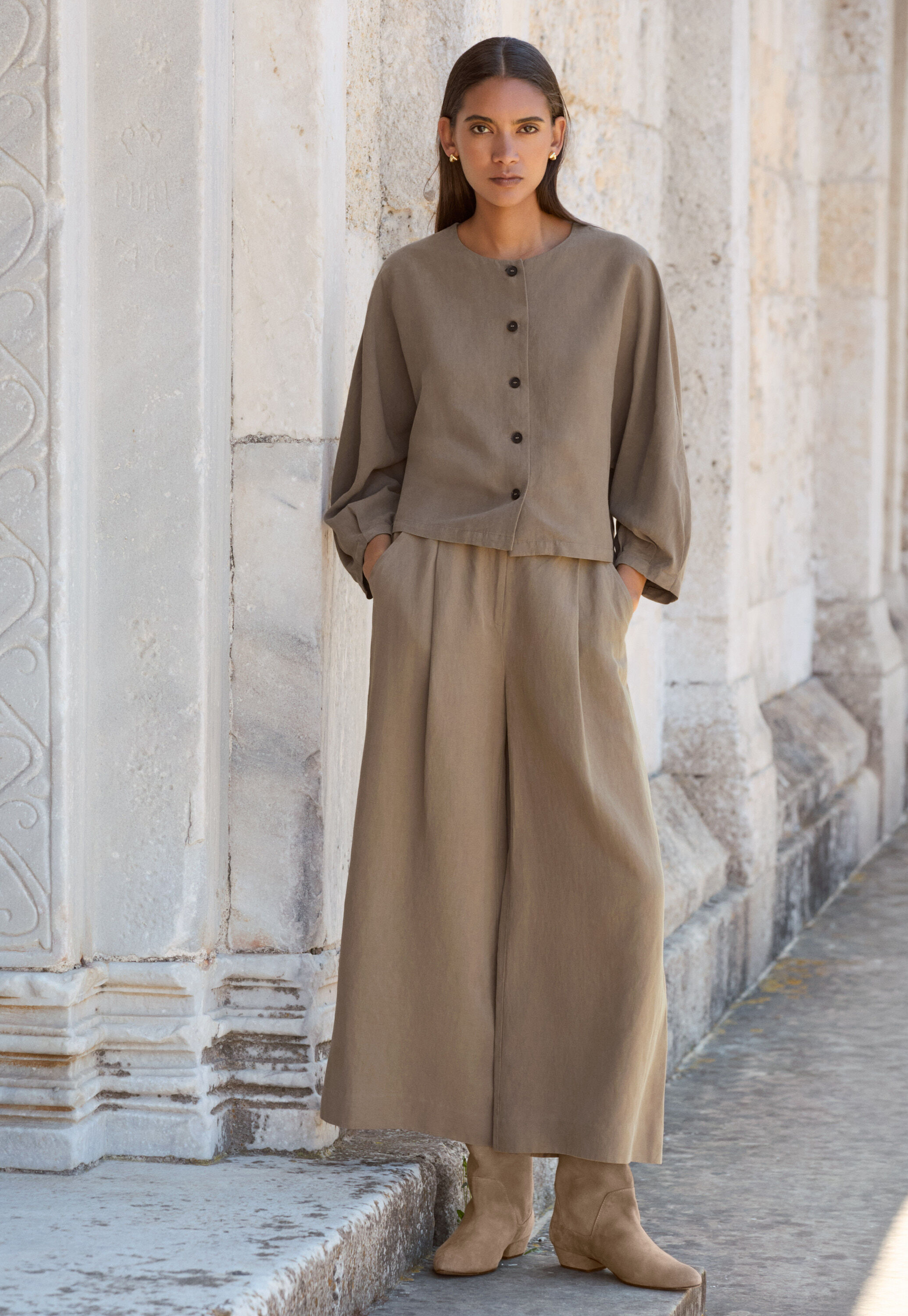 Wide & cropped trousers, Taupe brown, large