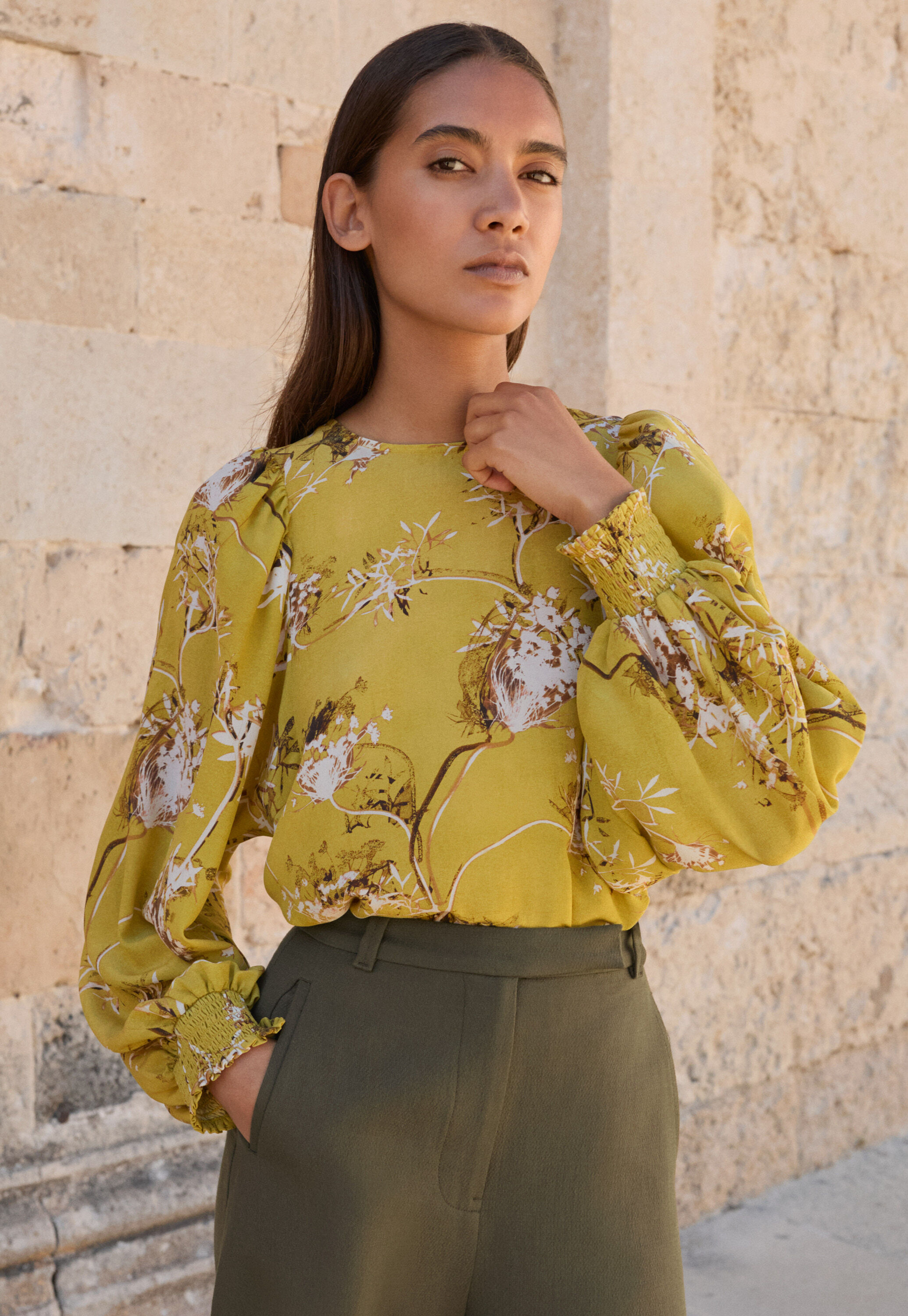 Printed gathered-sleeve blouse, Chartreuse, large