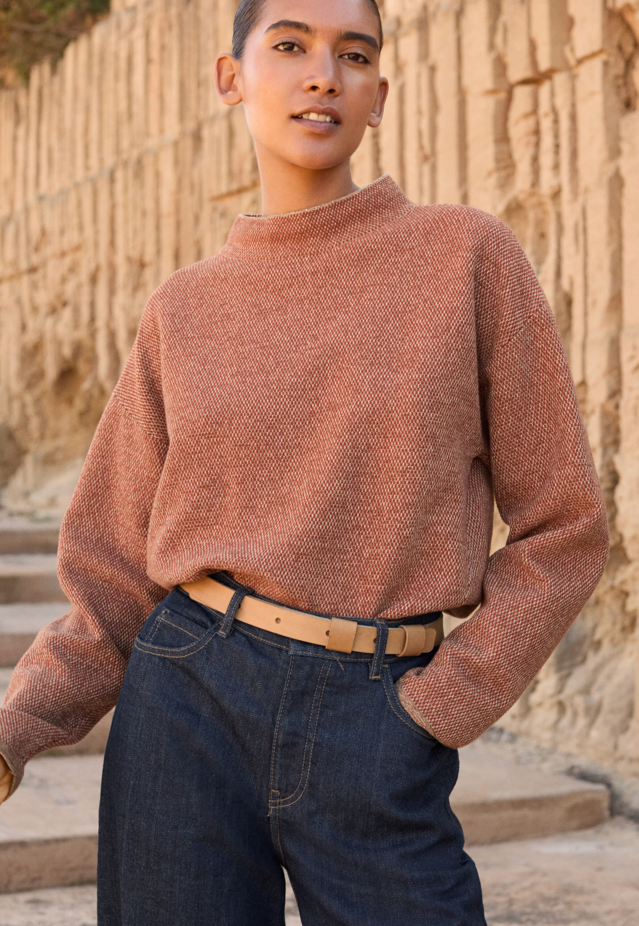Inlay-stitch sweater, Copper fawn, large