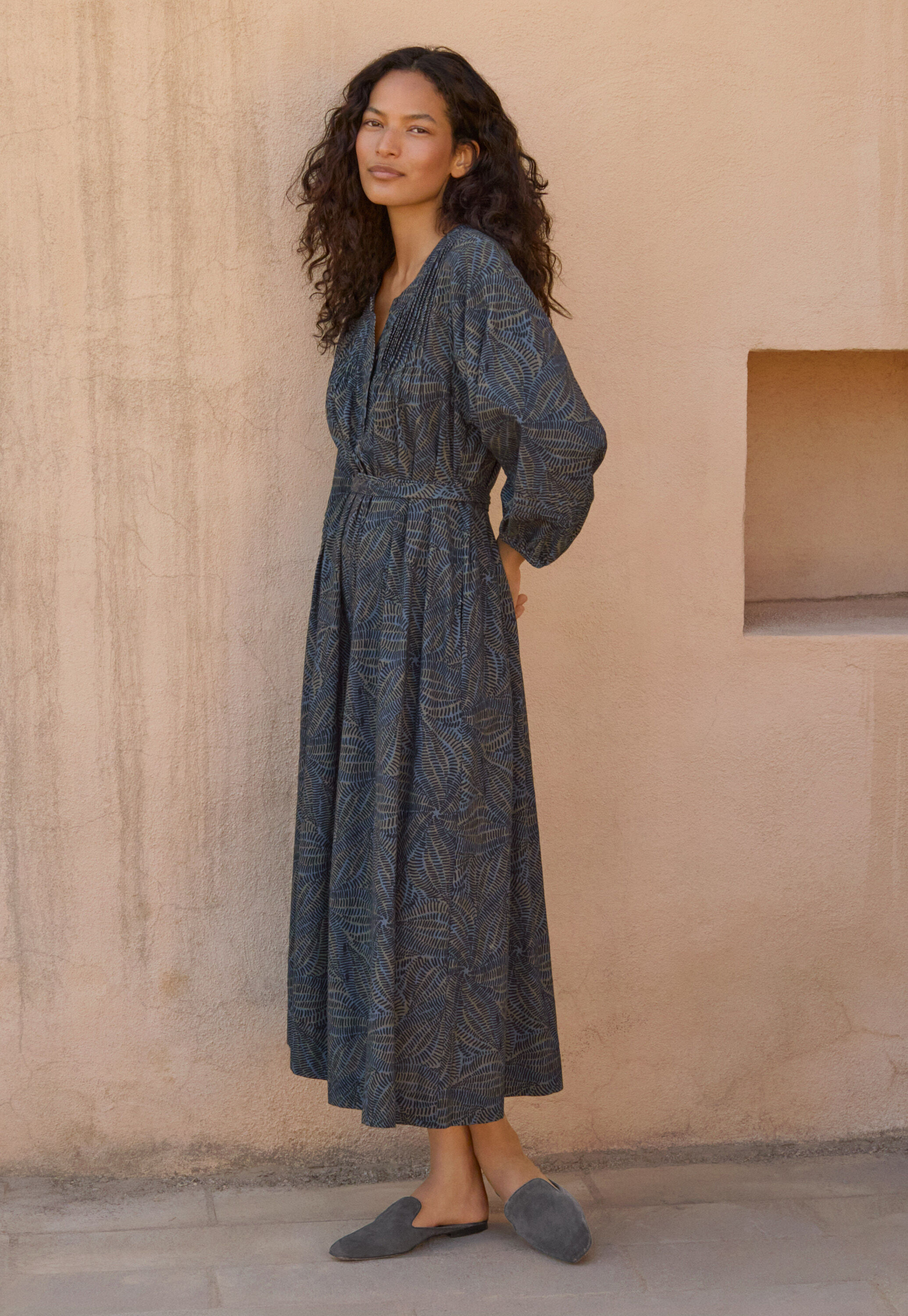 Printed dress with waist ties, Dark blue, large