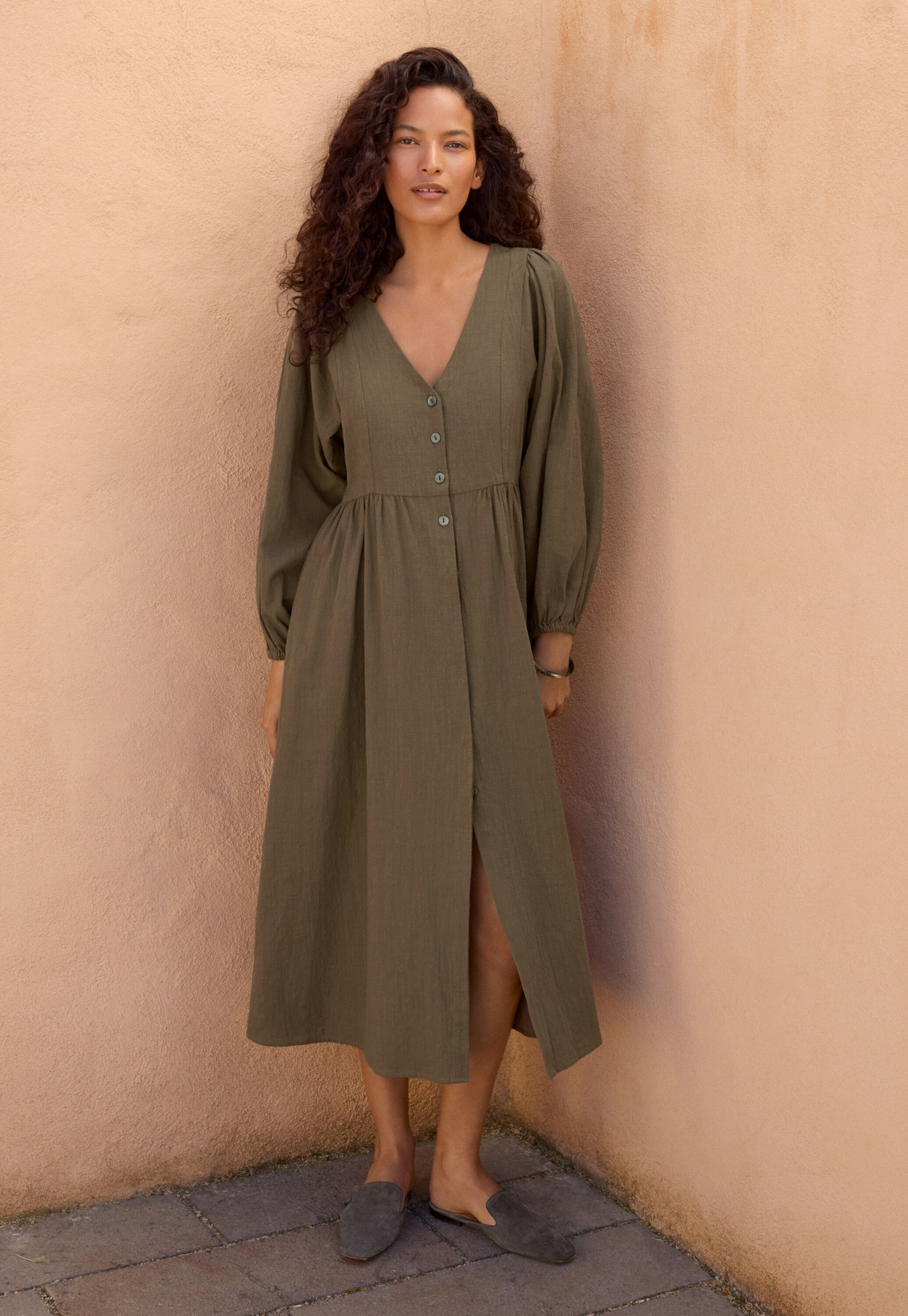 Gathered sleeve dress, Khaki, large