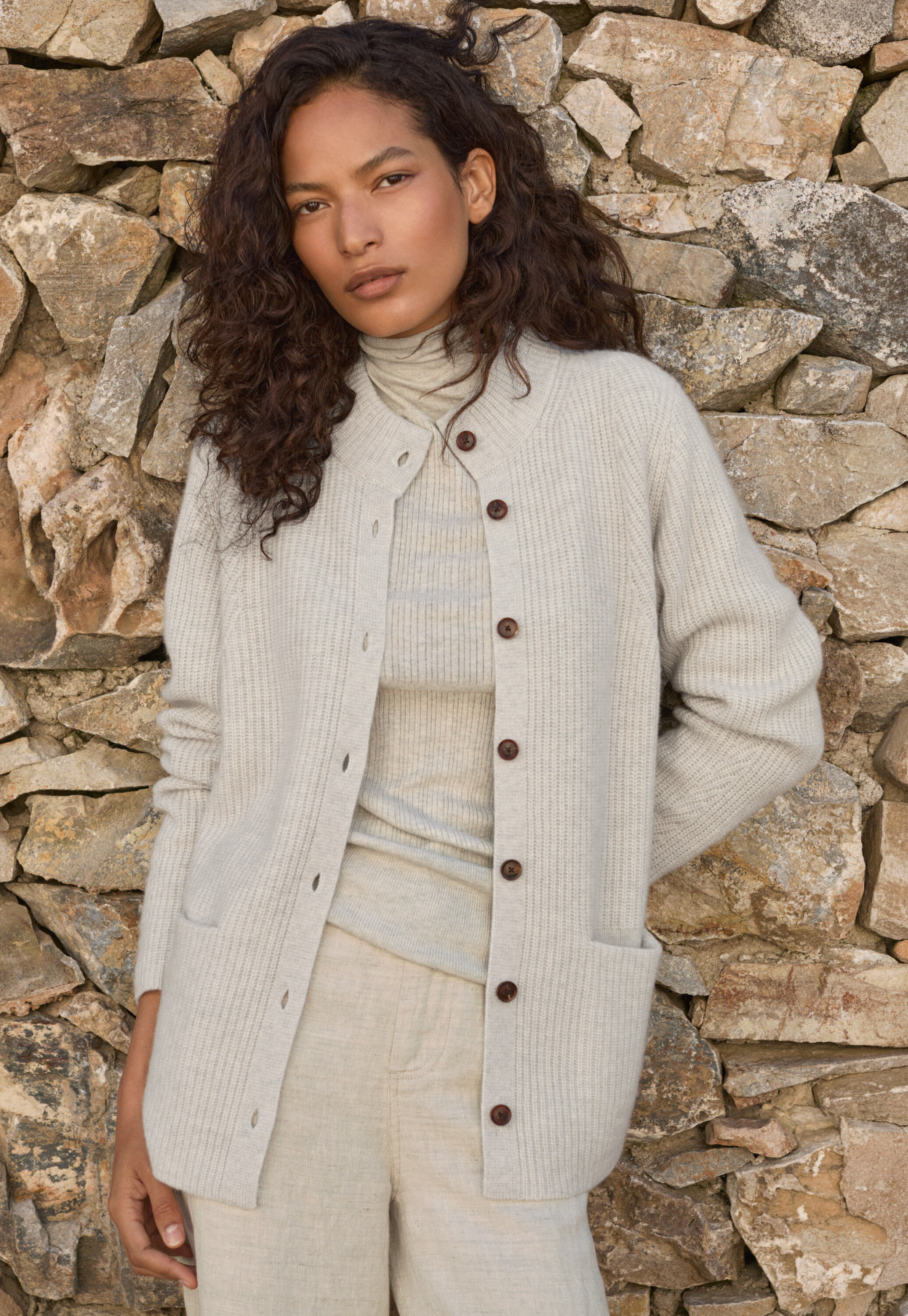 Rib-stitch cardigan, Grey pearl, large
