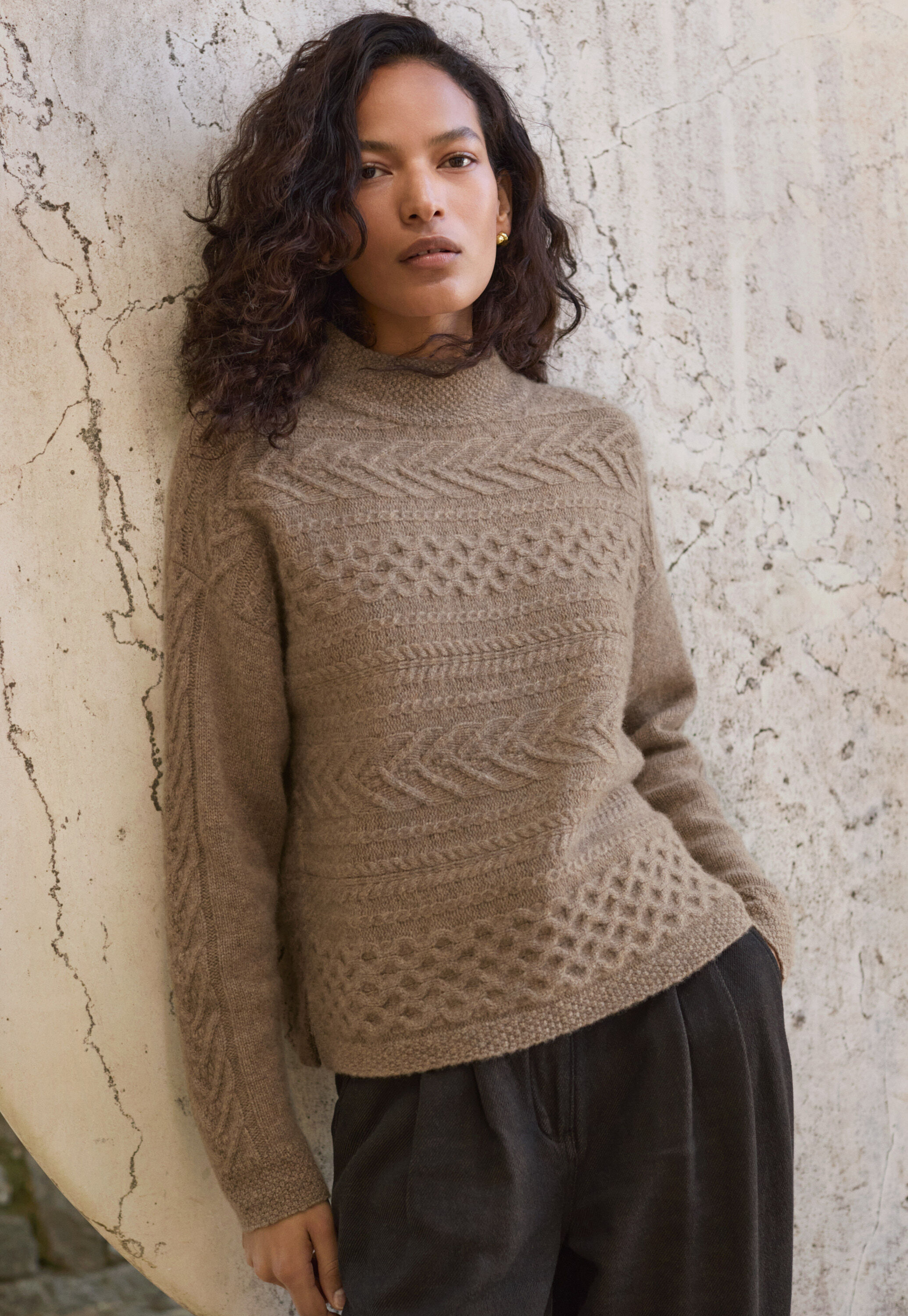 Cable-stitch sweater, Latte, large