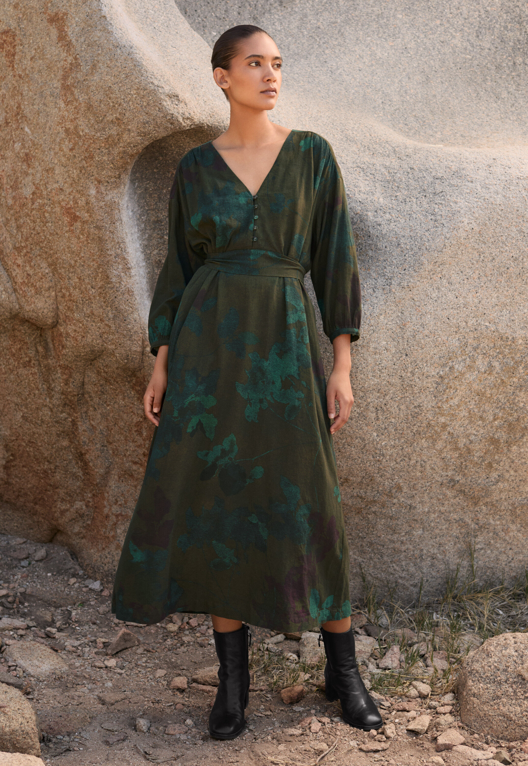 Long printed dress, Brown teal, large