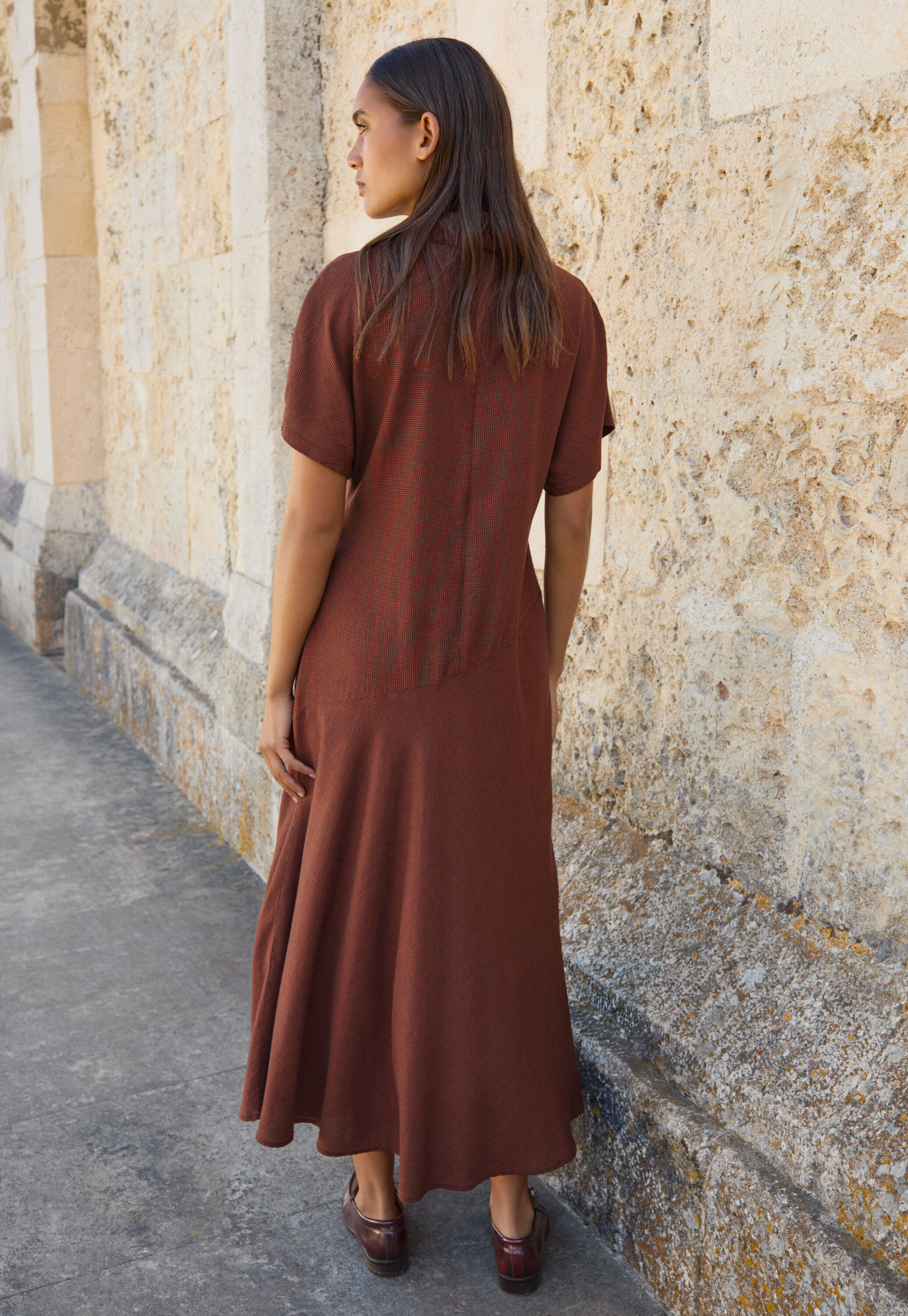 High neck dogtooth dress, Terracotta black, large